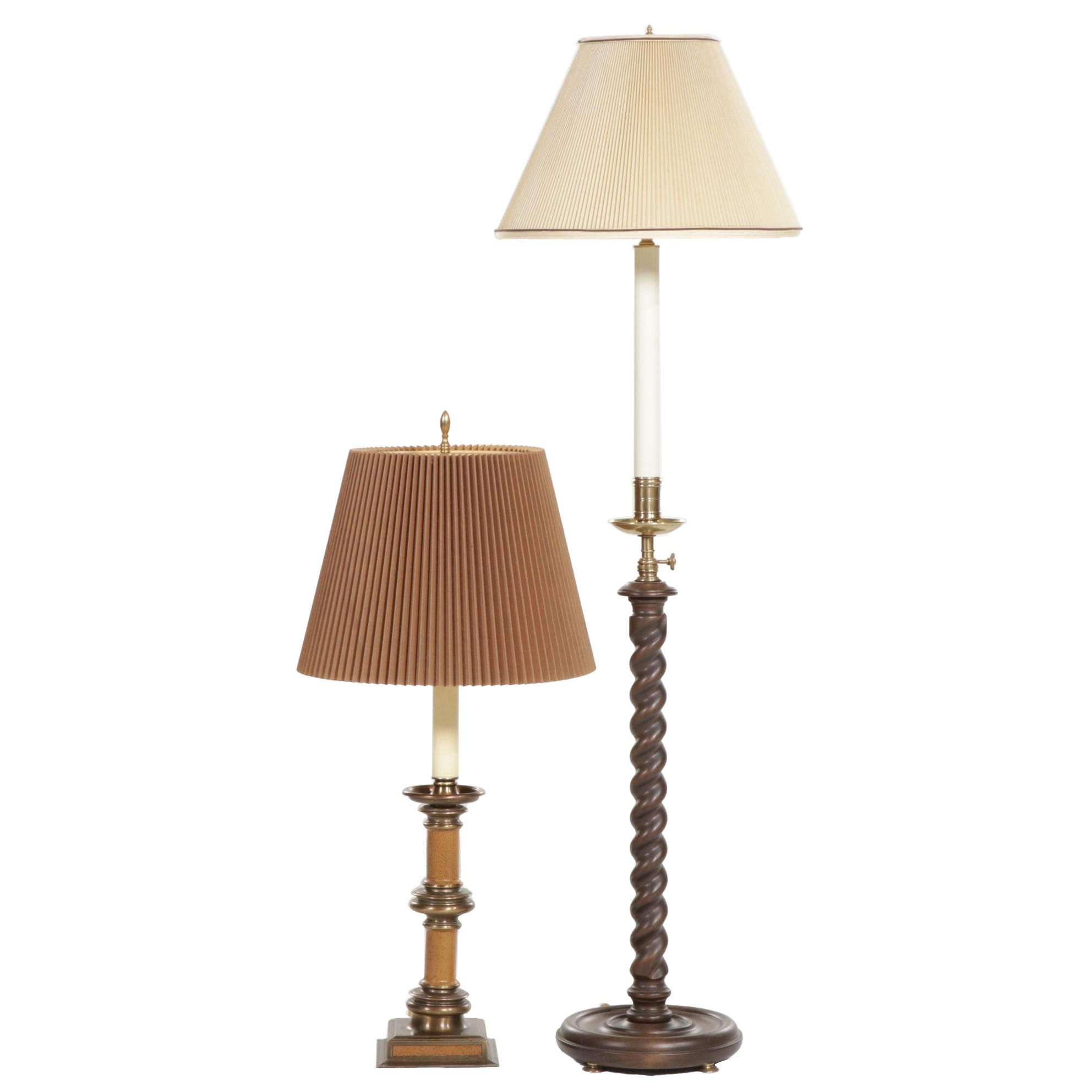 Frederick Cooper Barley Twist Floor Lamp and Other Wood and Brass Table Lamp