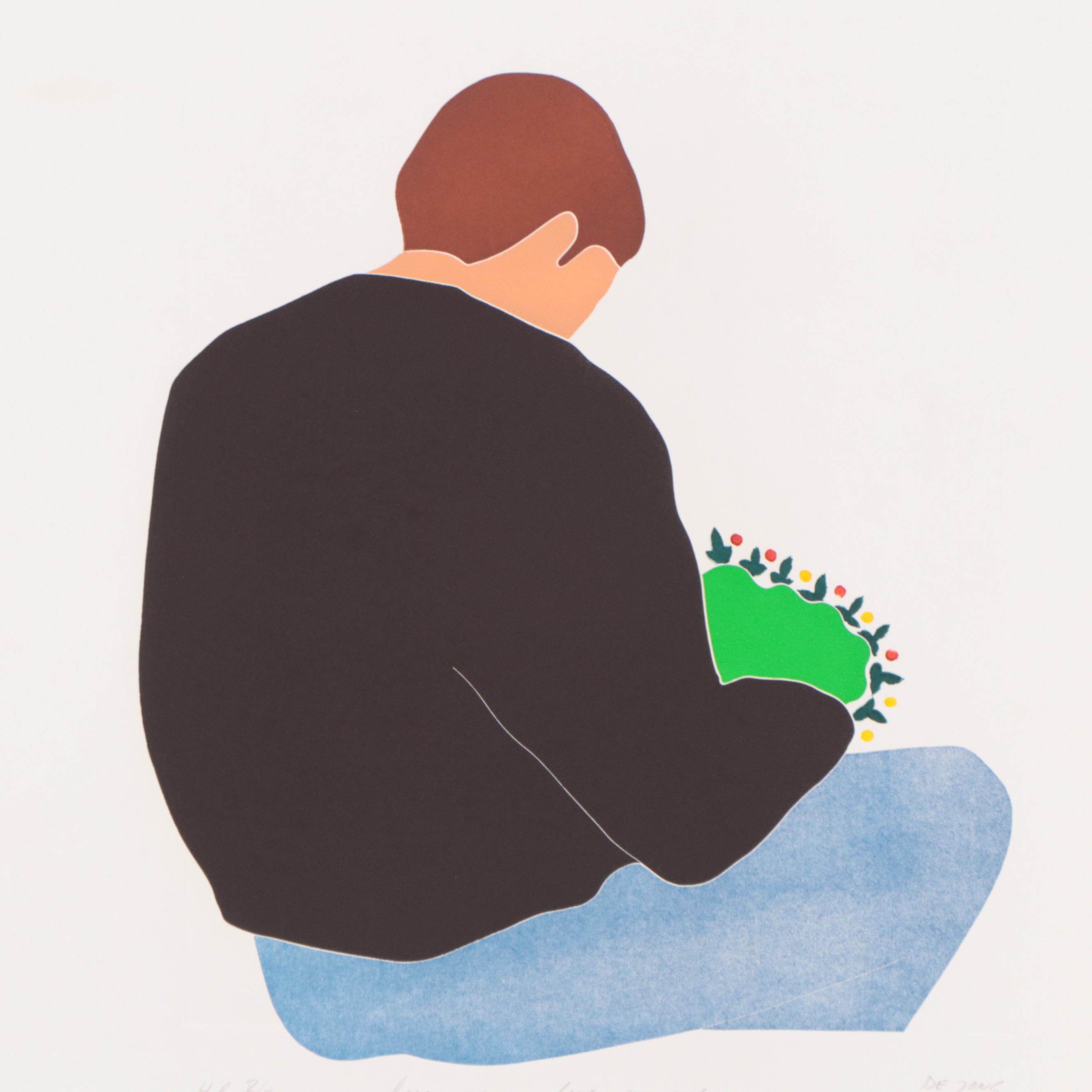 Thom De Jong Etching With Aquatint of Seated Figure "Loves Me...Loves Me Not..."