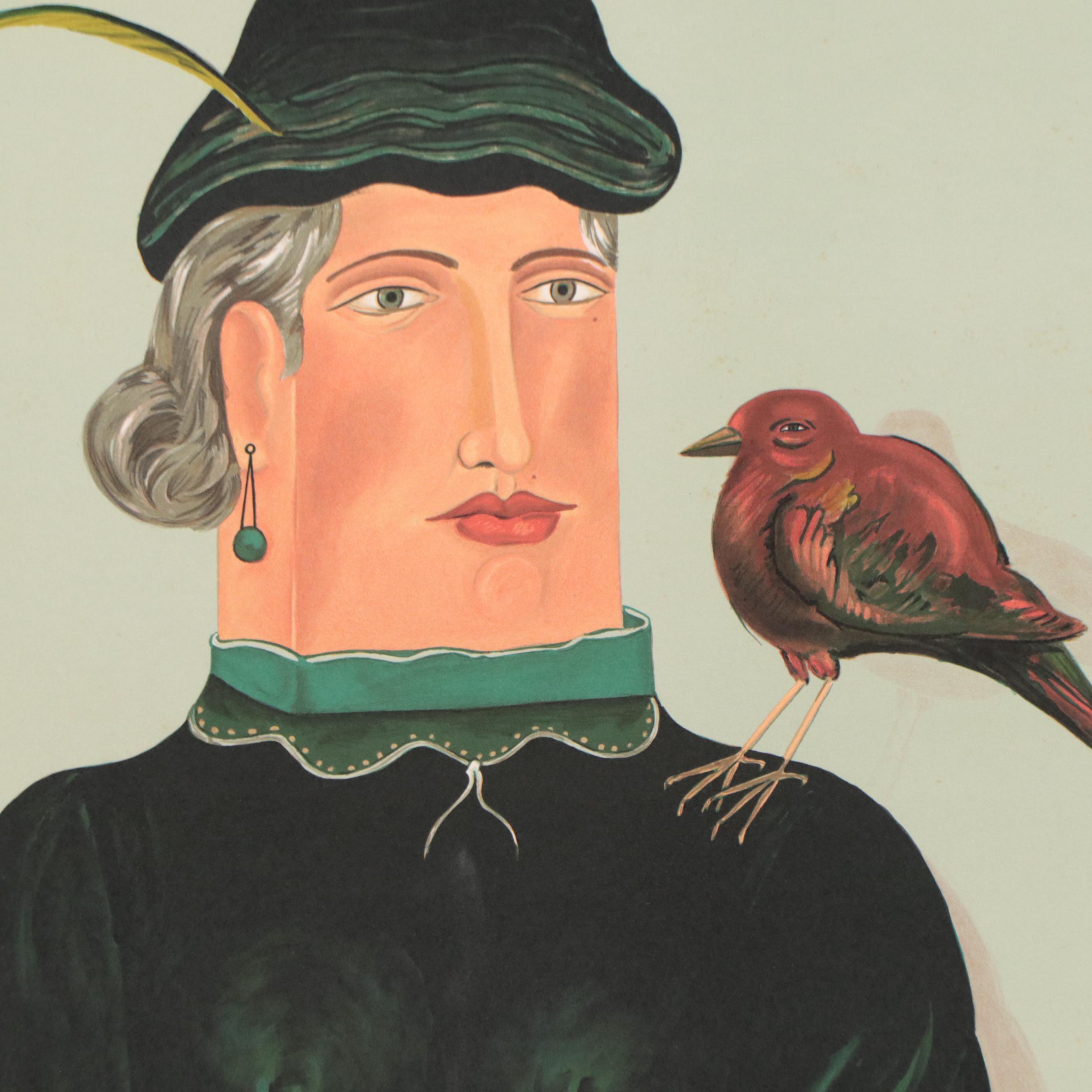Benjamin Levy Color Lithograph of Figure and Bird
