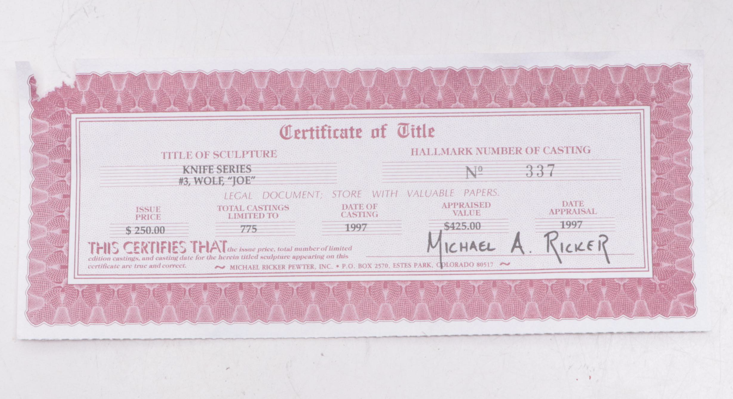 Michael Ricker Limited Edition Wolf Handle Knife in Presentation Case, 1997