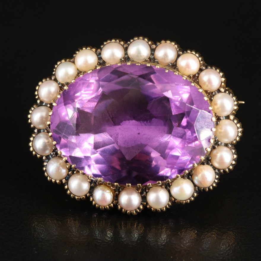 18K 25.52 CT Amethyst and Cultured Pearl Brooch
