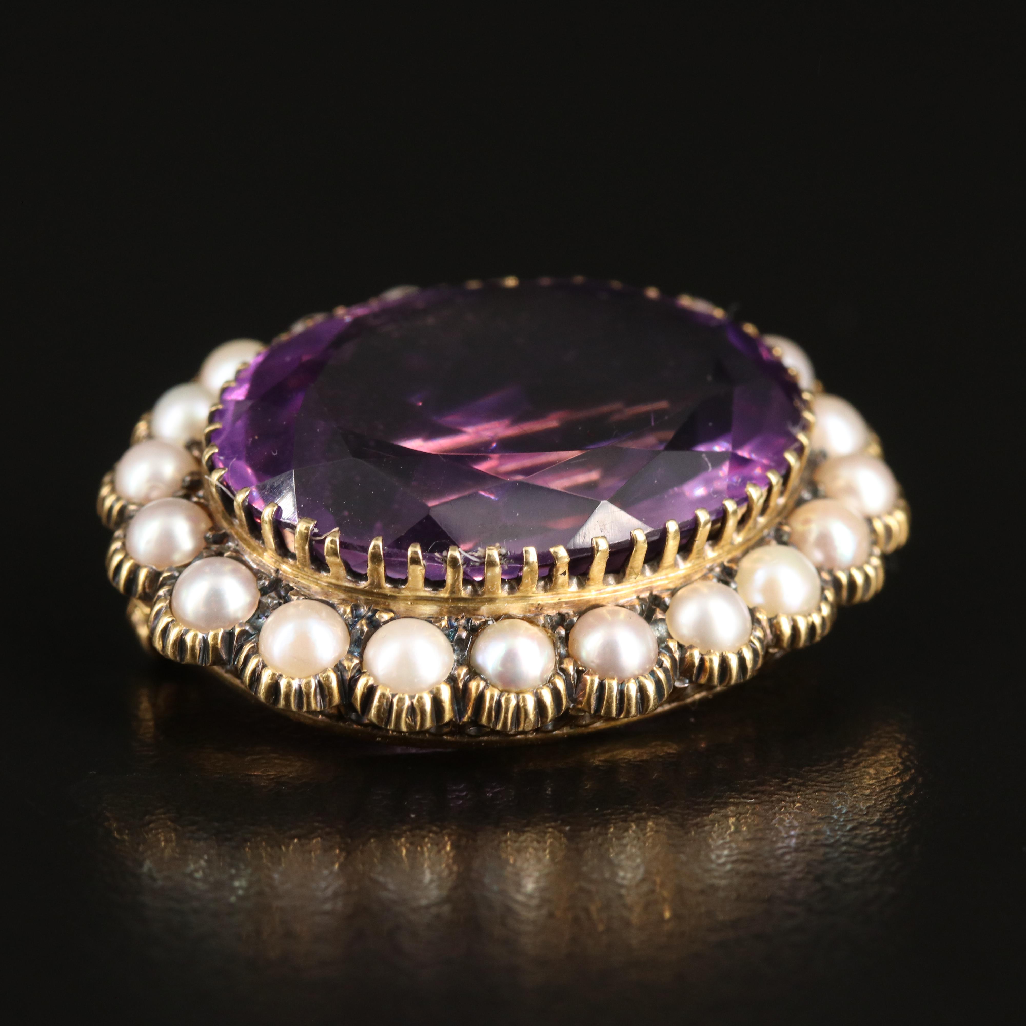 18K 25.52 CT Amethyst and Cultured Pearl Brooch