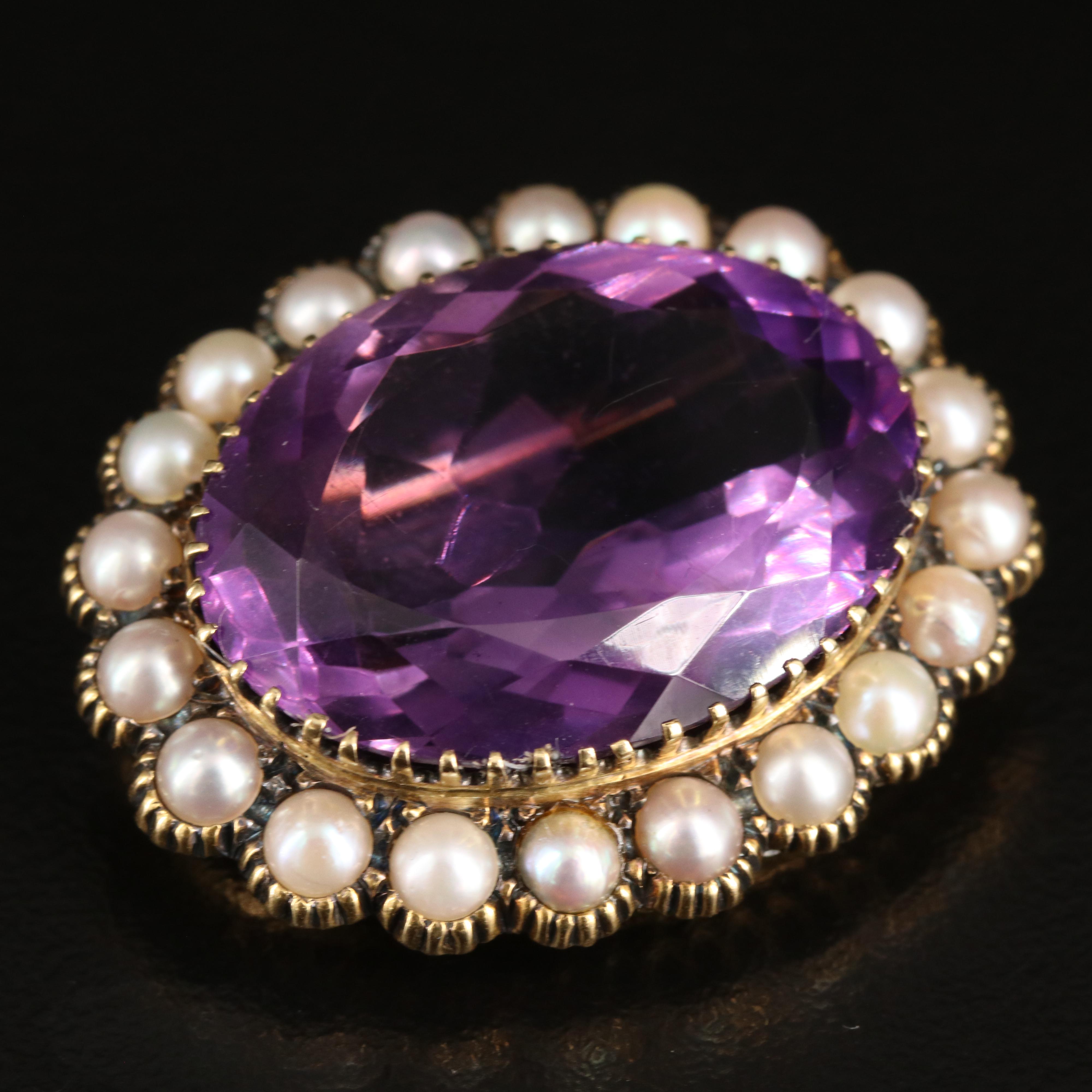 18K 25.52 CT Amethyst and Cultured Pearl Brooch