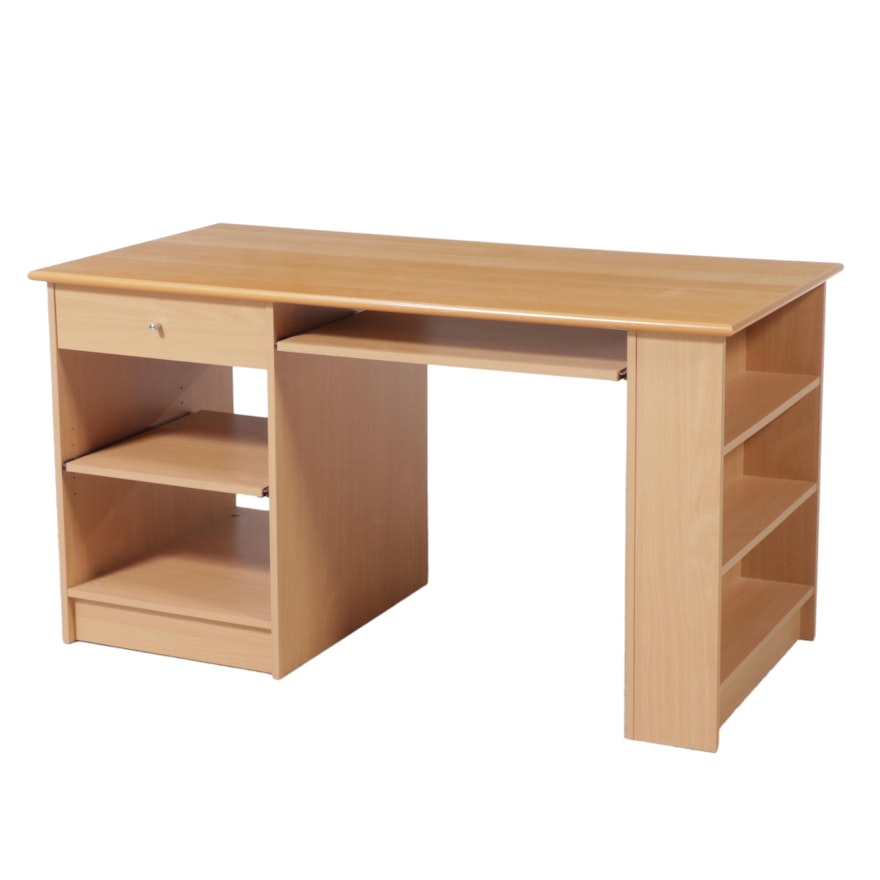 Contemporary Beech-Grained Laminate Desk with Bookshelves