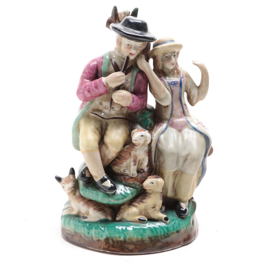 English Pearlware Style Shepherd and Shepherdess Figural Group, 20th Century