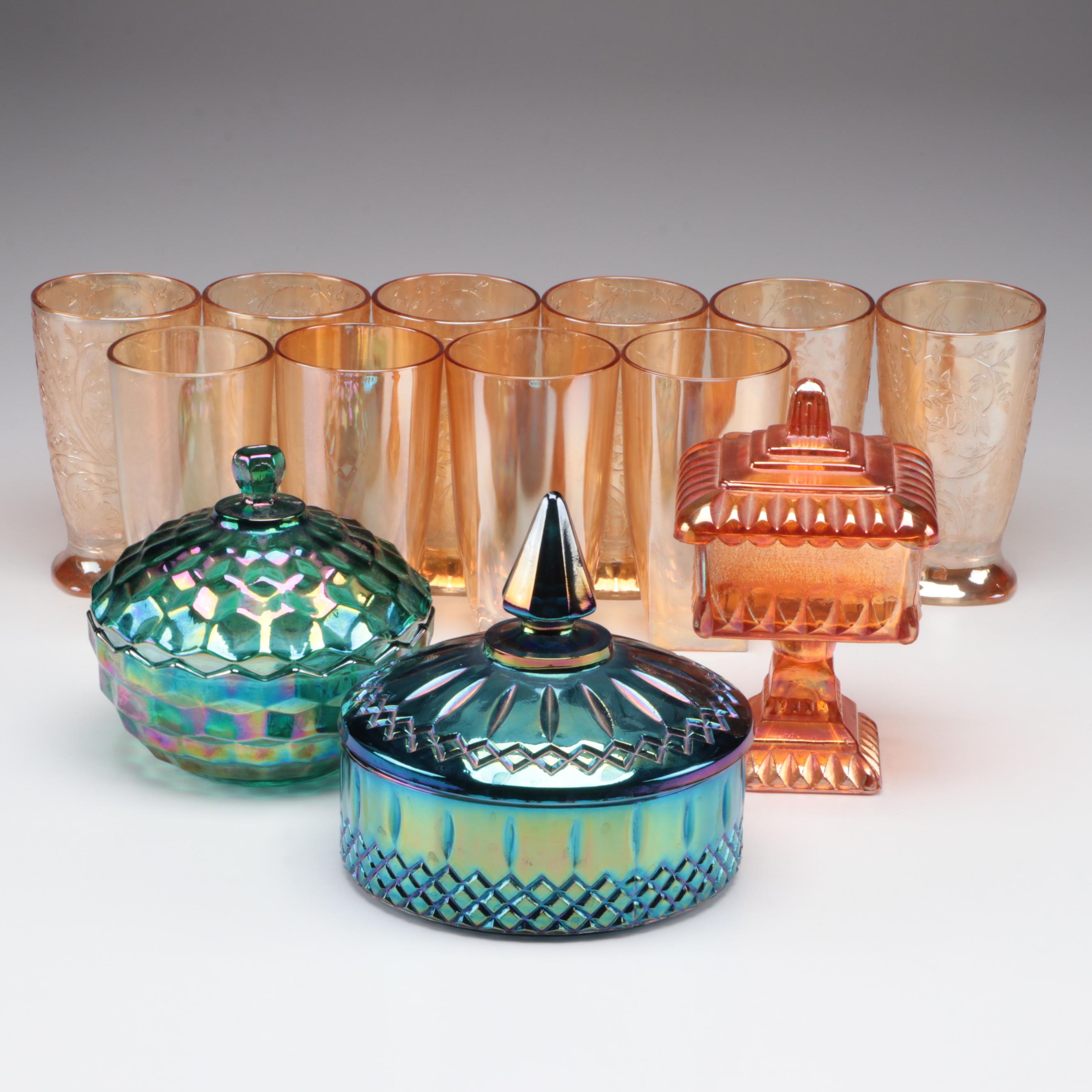 Colony "Whitehall Green" Candy Dish with Other Carnival Glass Table Accessories