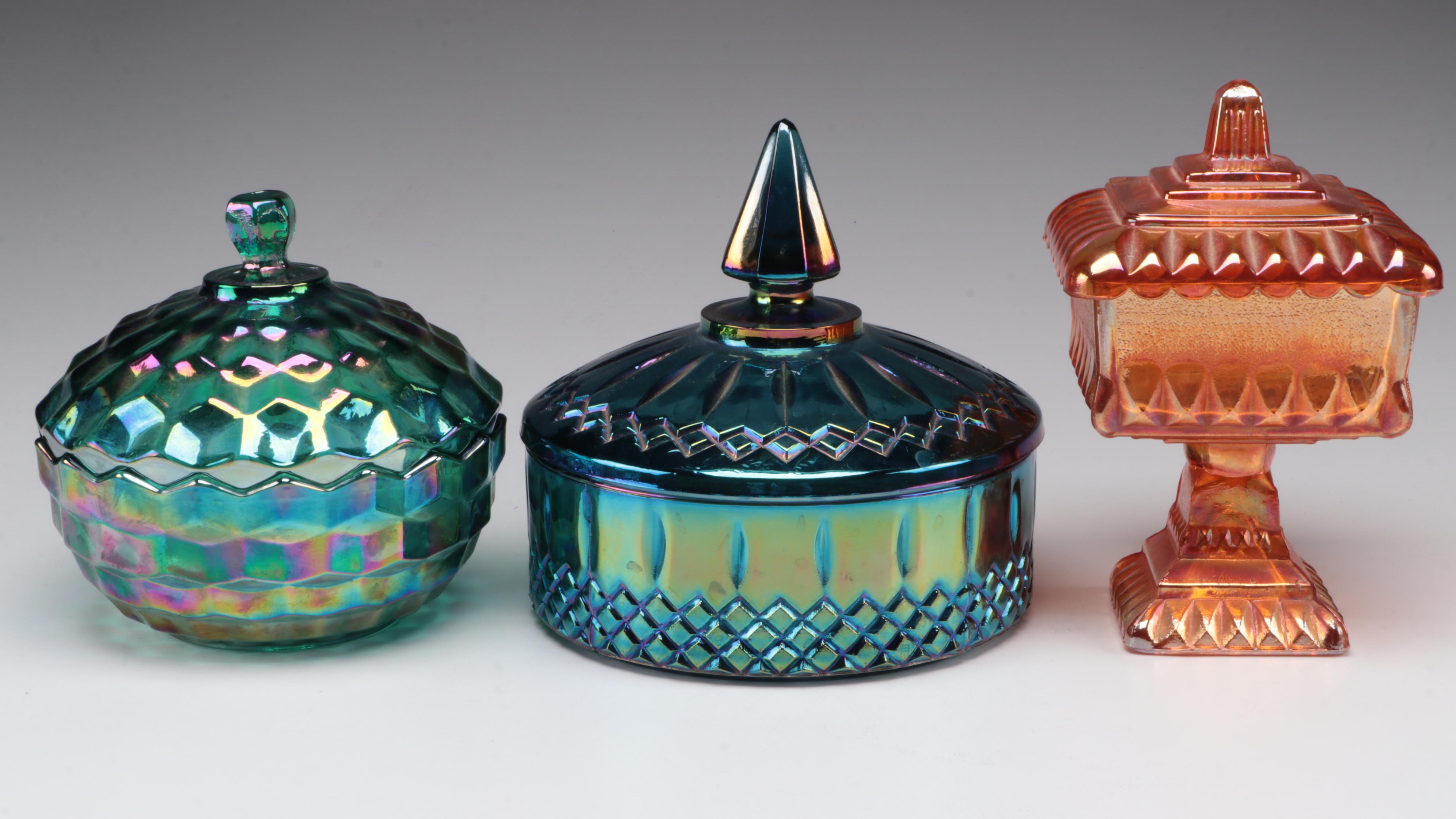 Colony "Whitehall Green" Candy Dish with Other Carnival Glass Table Accessories