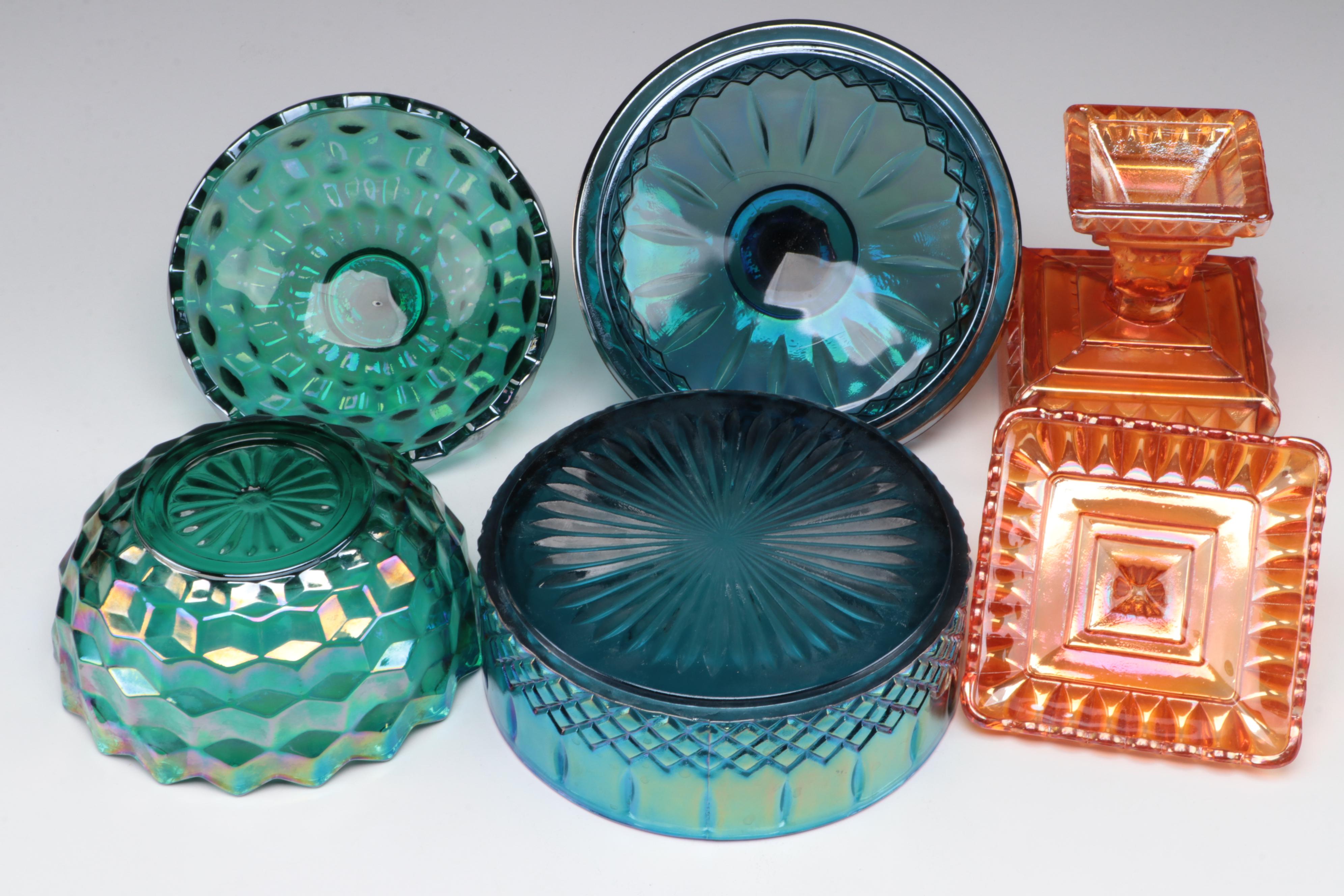 Colony "Whitehall Green" Candy Dish with Other Carnival Glass Table Accessories