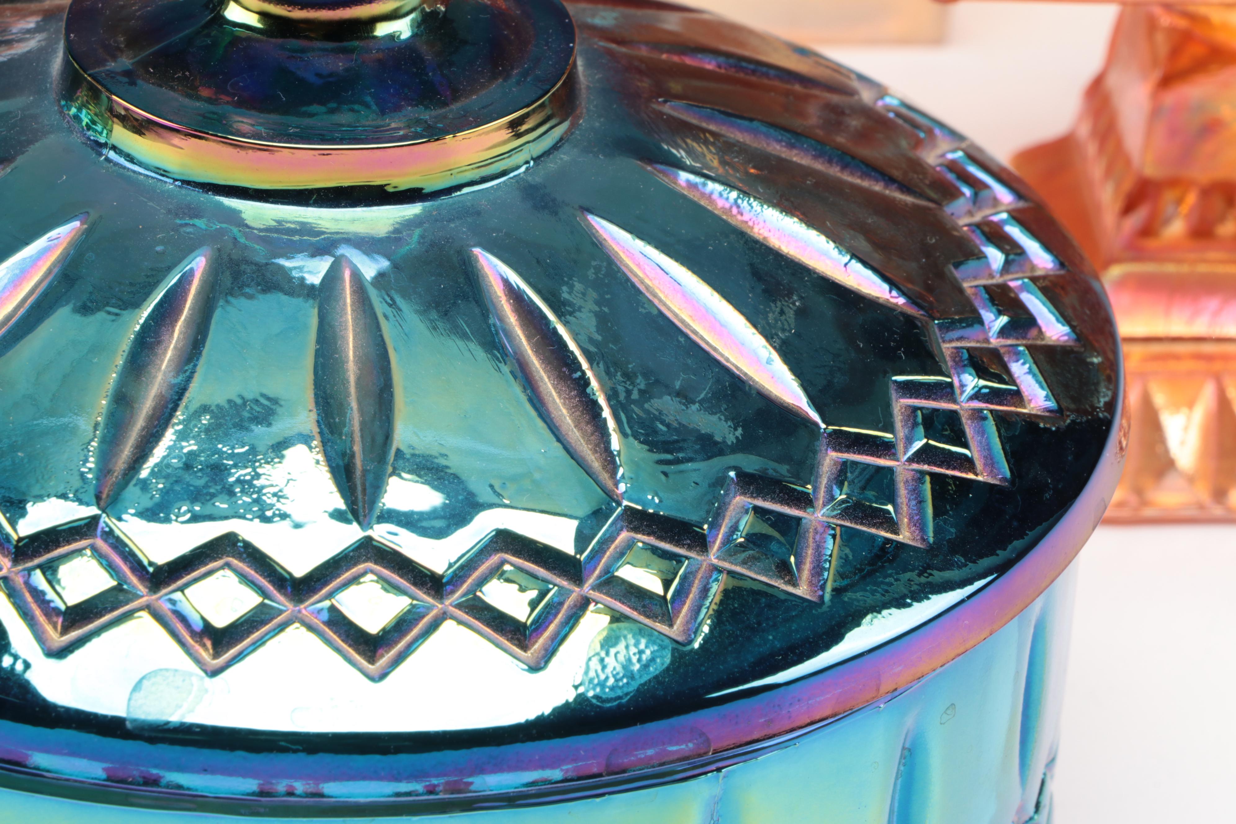 Colony "Whitehall Green" Candy Dish with Other Carnival Glass Table Accessories