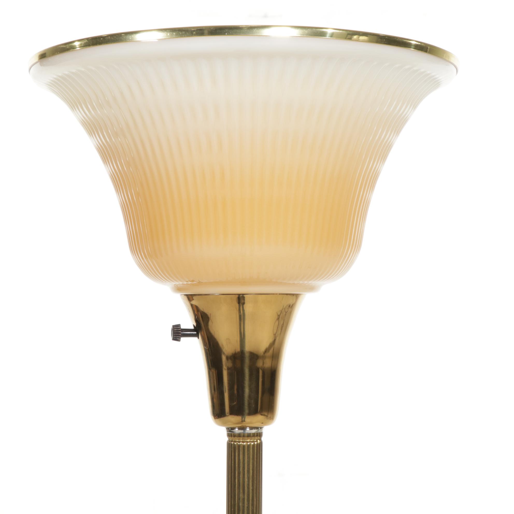 Alsy Brass Torchière Floor Lamp with Amber Ombre Glass Shade, Late 20th Century