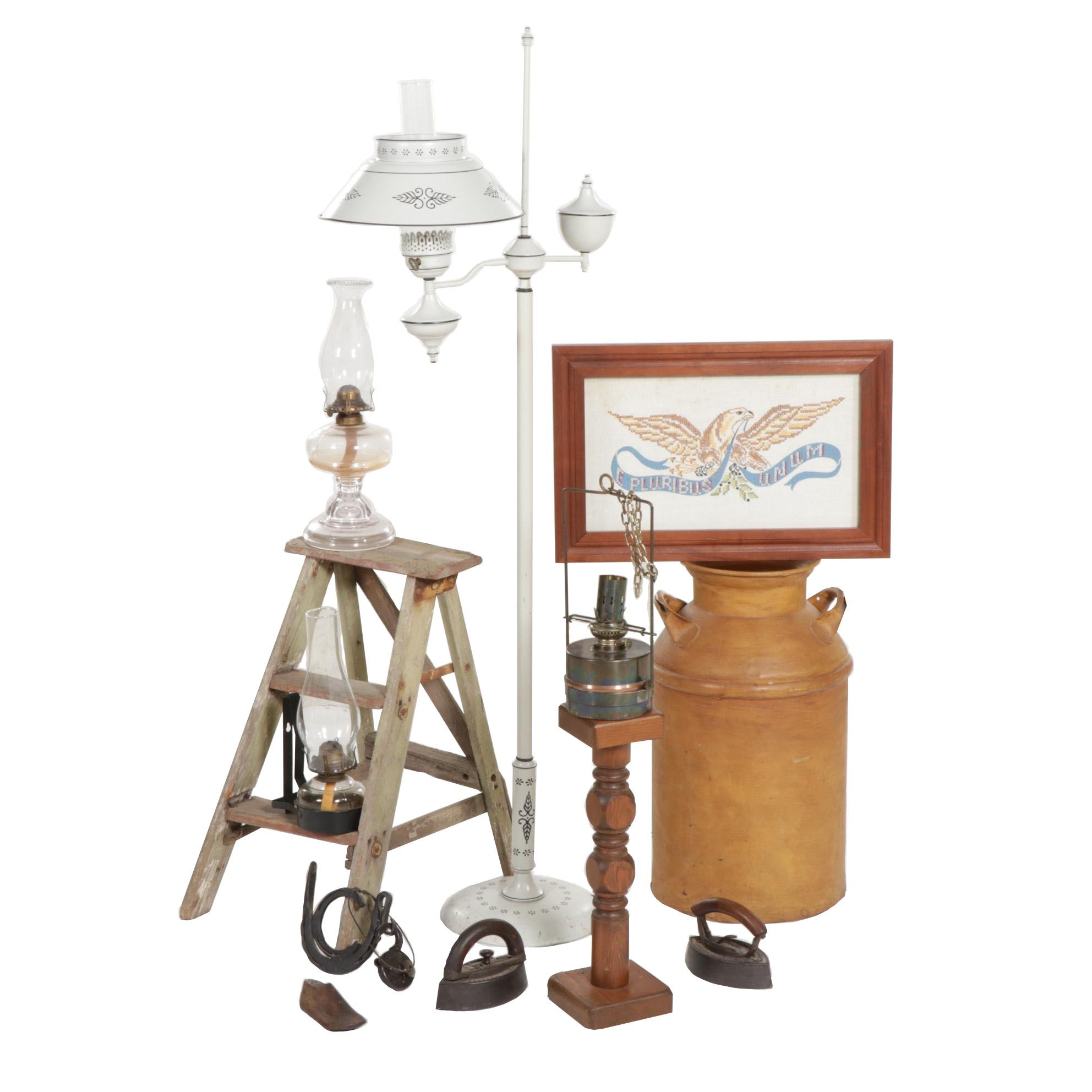 Tole Painted Floor Lamp, Pair of Sad Irons, Wooden Step Ladder, and More