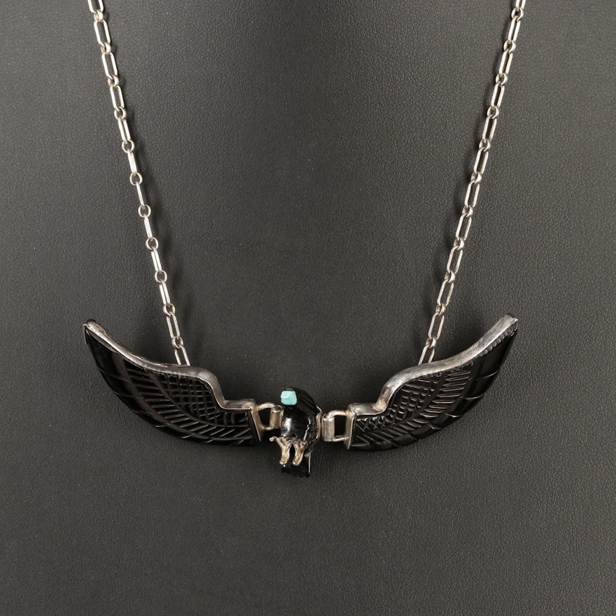 Southwestern Sterling Turquoise and Resin Eagle Necklace with Articulated Wings