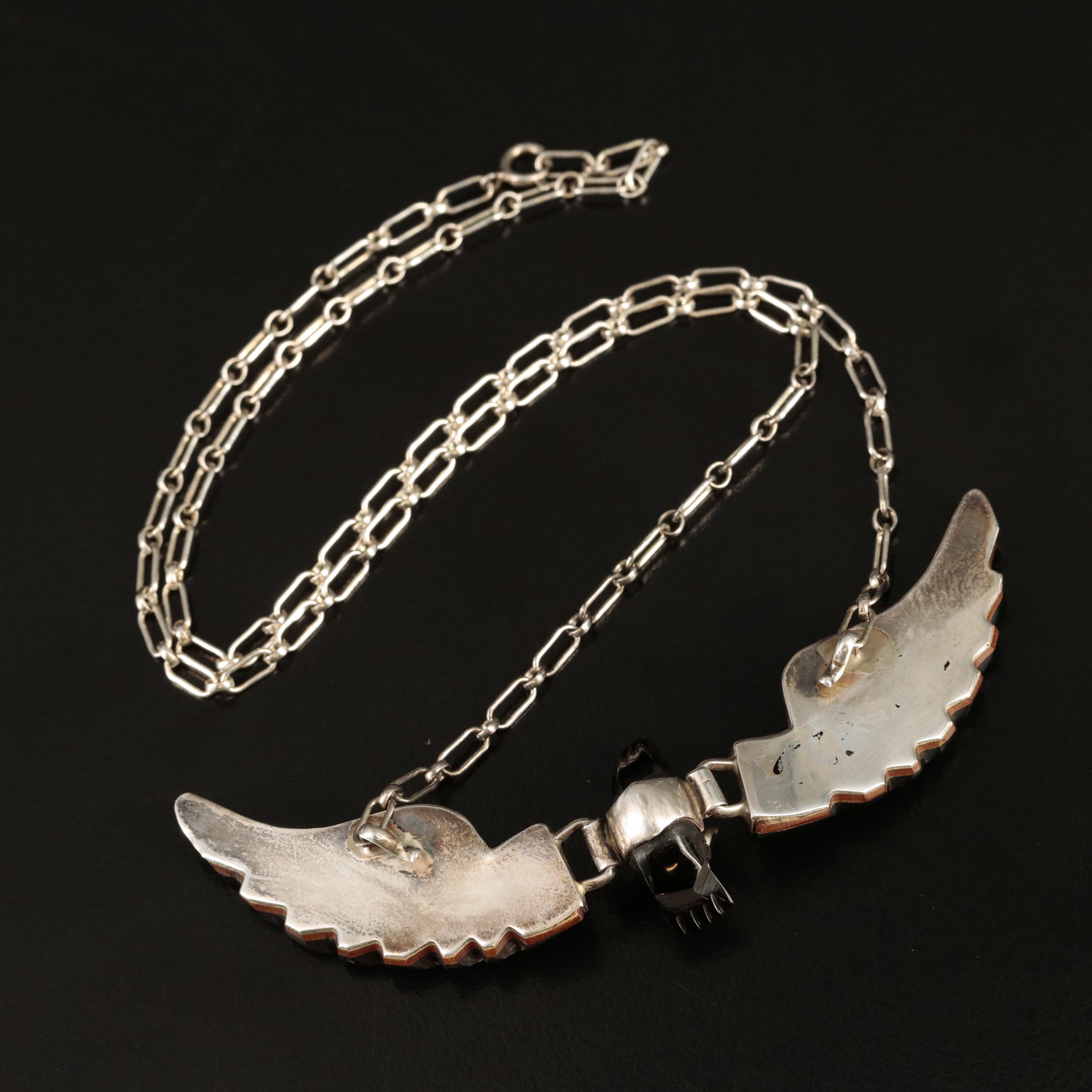 Southwestern Sterling Turquoise and Resin Eagle Necklace with Articulated Wings