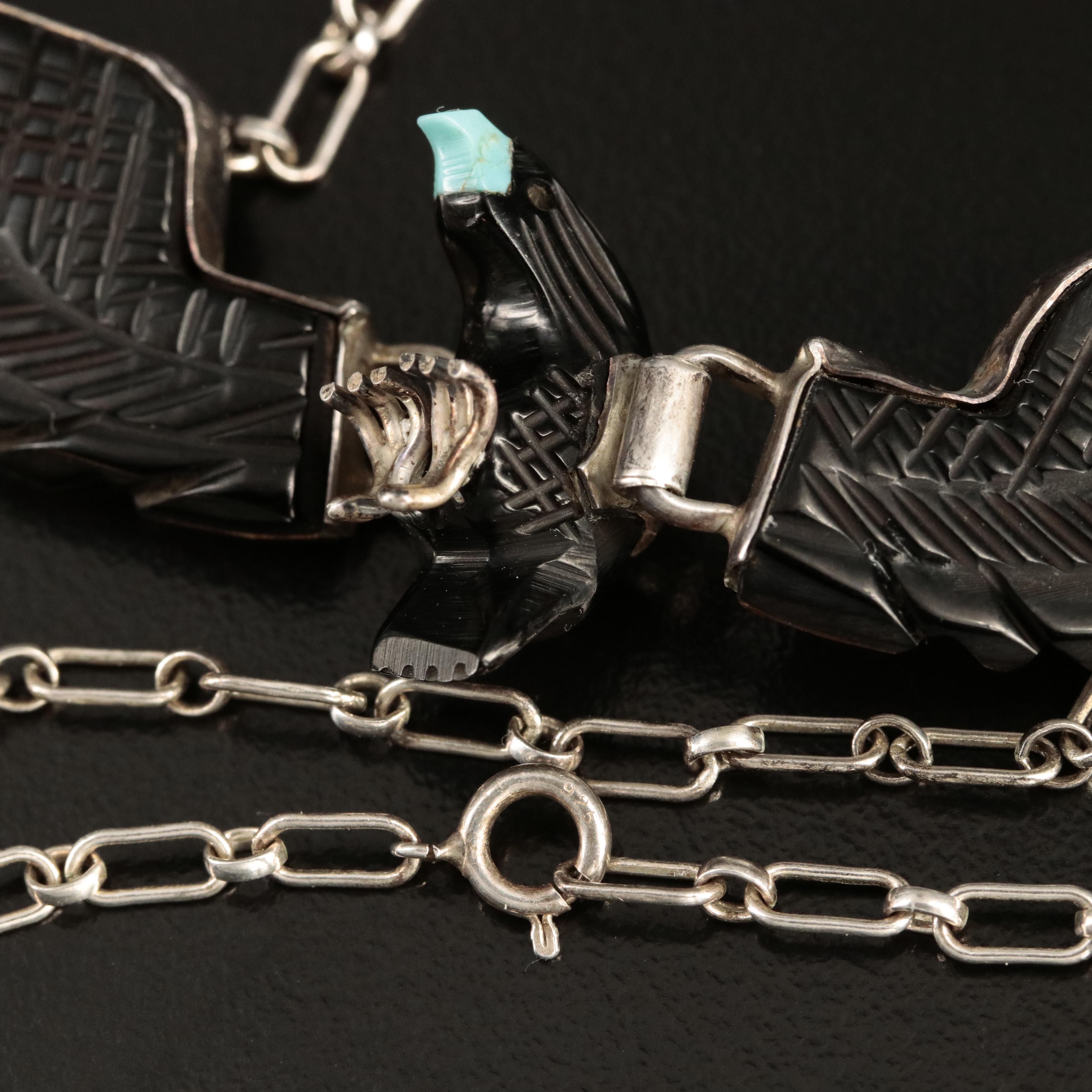 Southwestern Sterling Turquoise and Resin Eagle Necklace with Articulated Wings