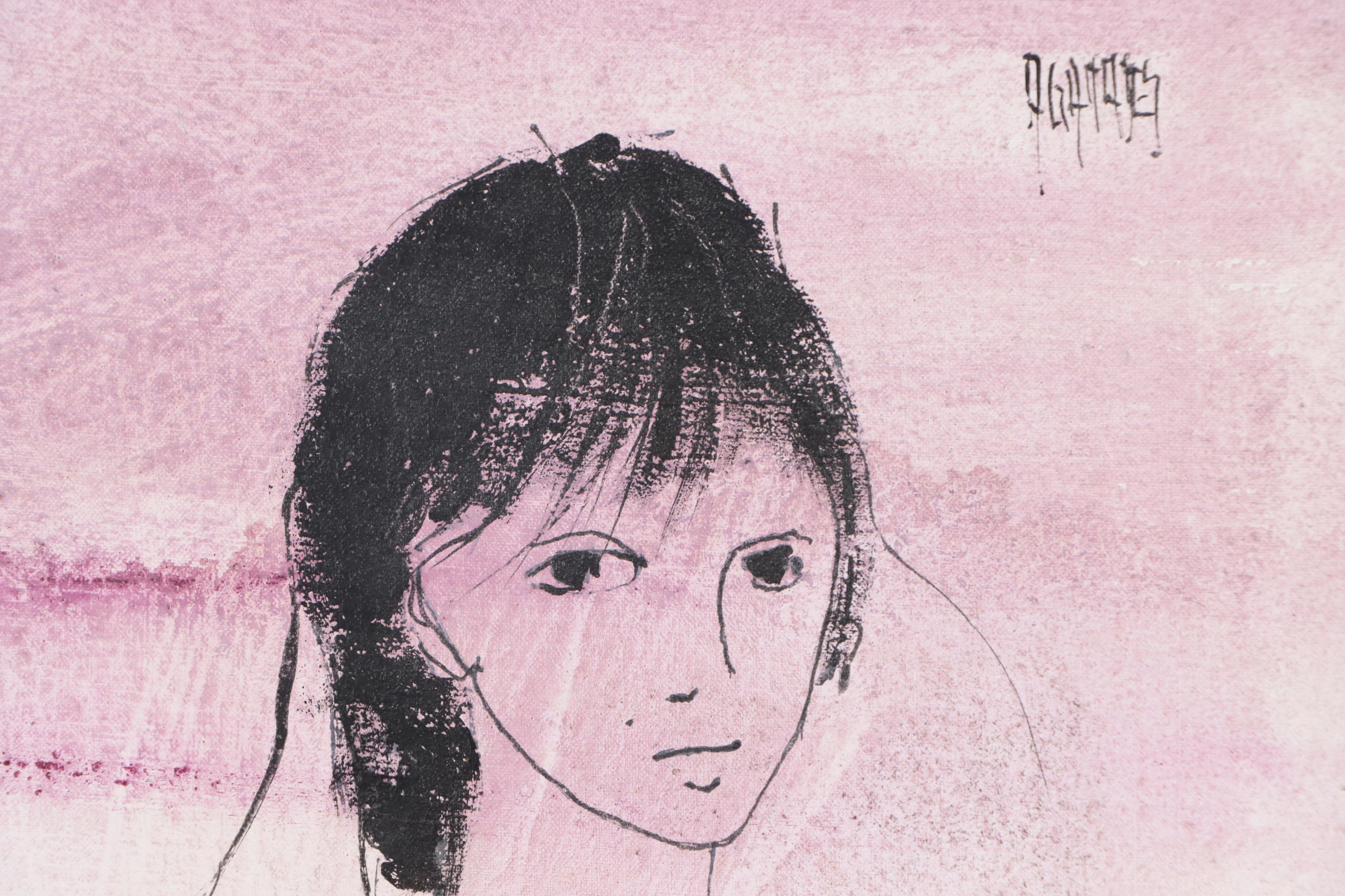 Oguisse Portrait Acrylic Painting of a Young Girl, Circa 1970