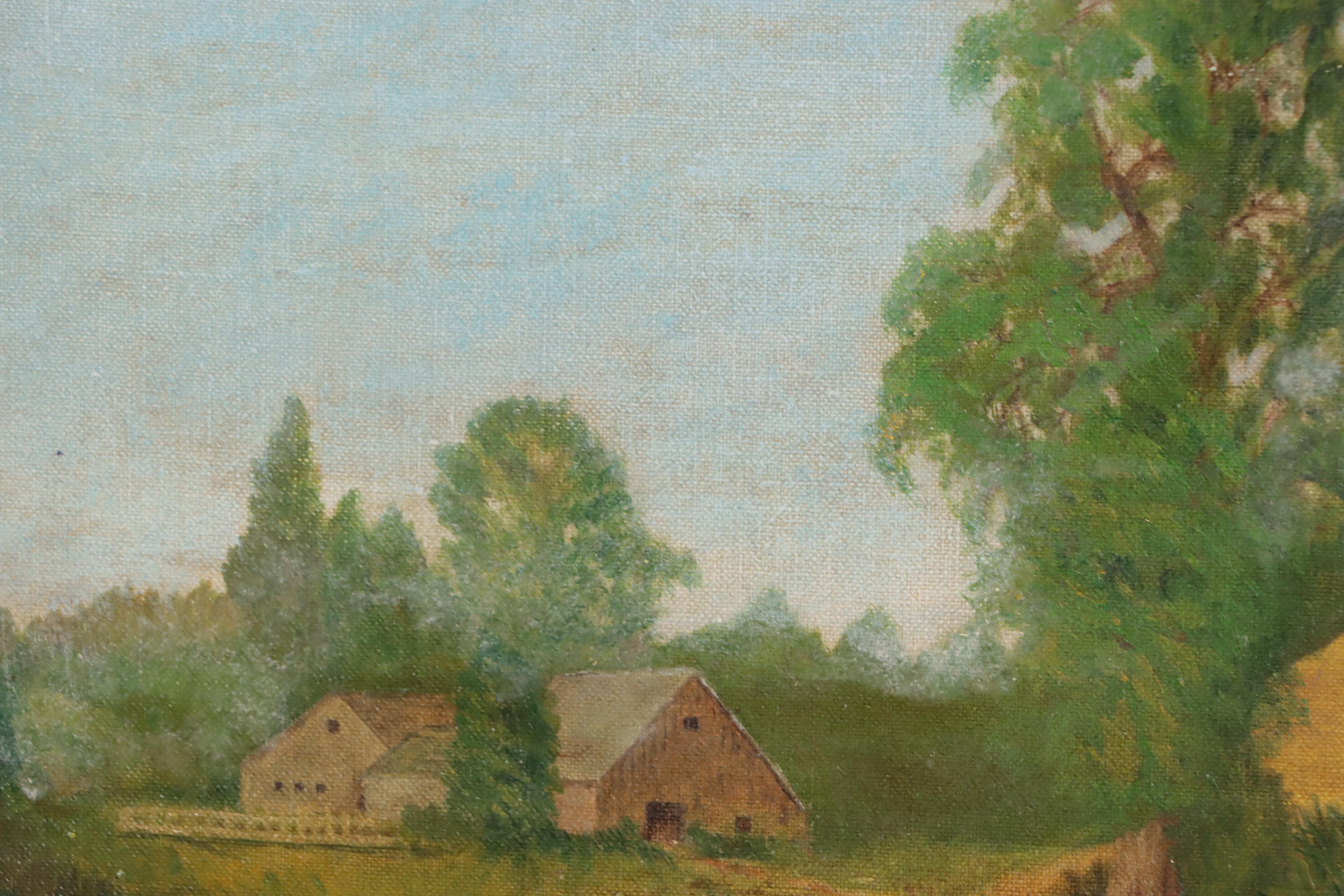 Farm Landscape Oil Painting, Mid-20th Century