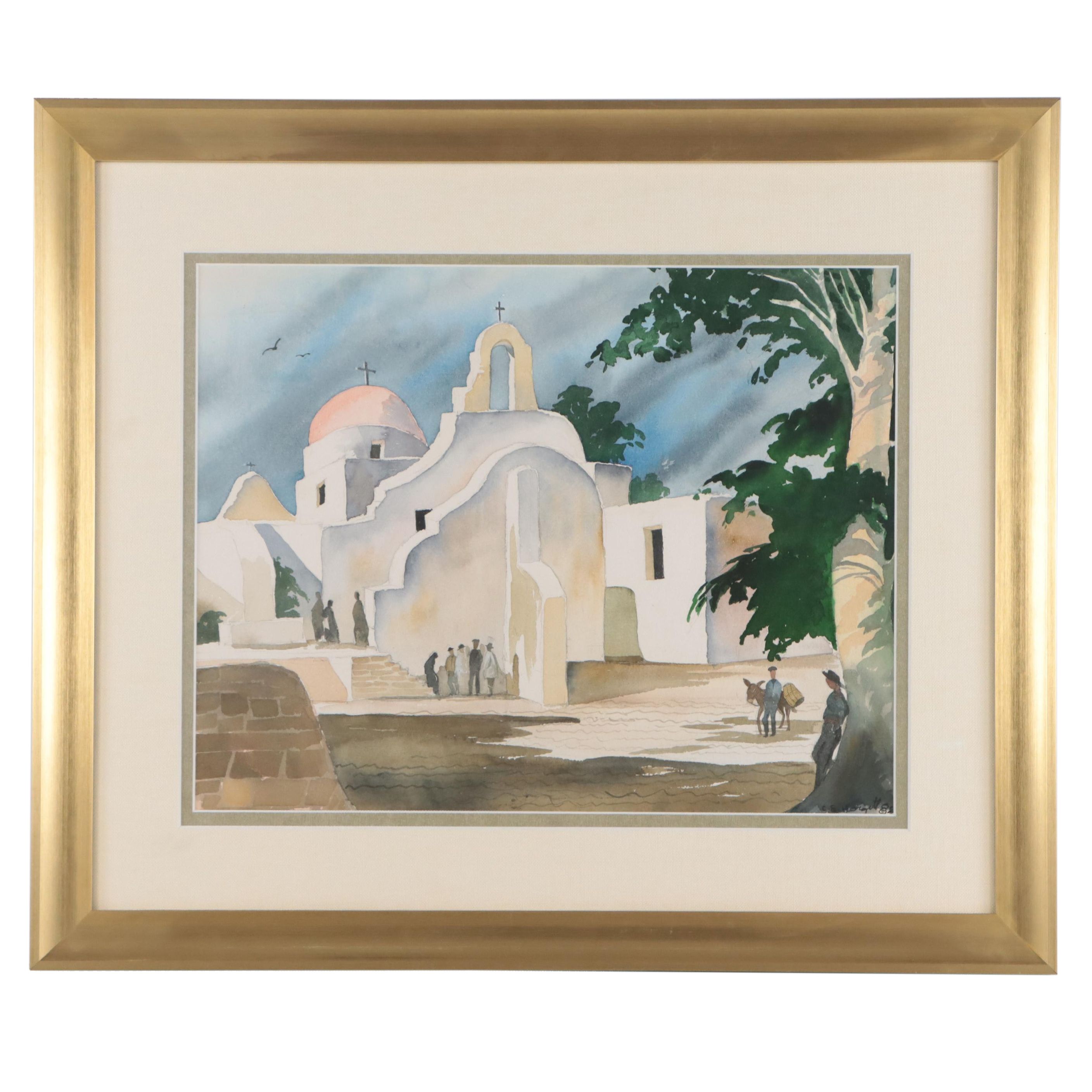 Watercolor Painting of Panagia Paraportiani, 1982