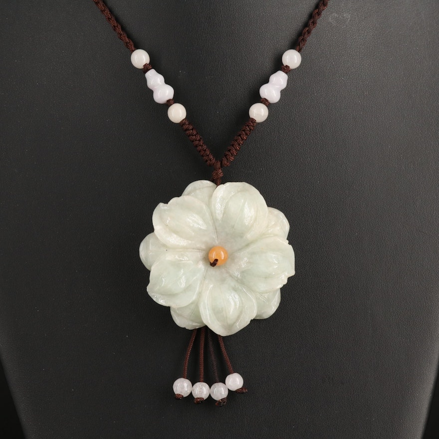 Carved Jadeite Flower and Quartz Necklace