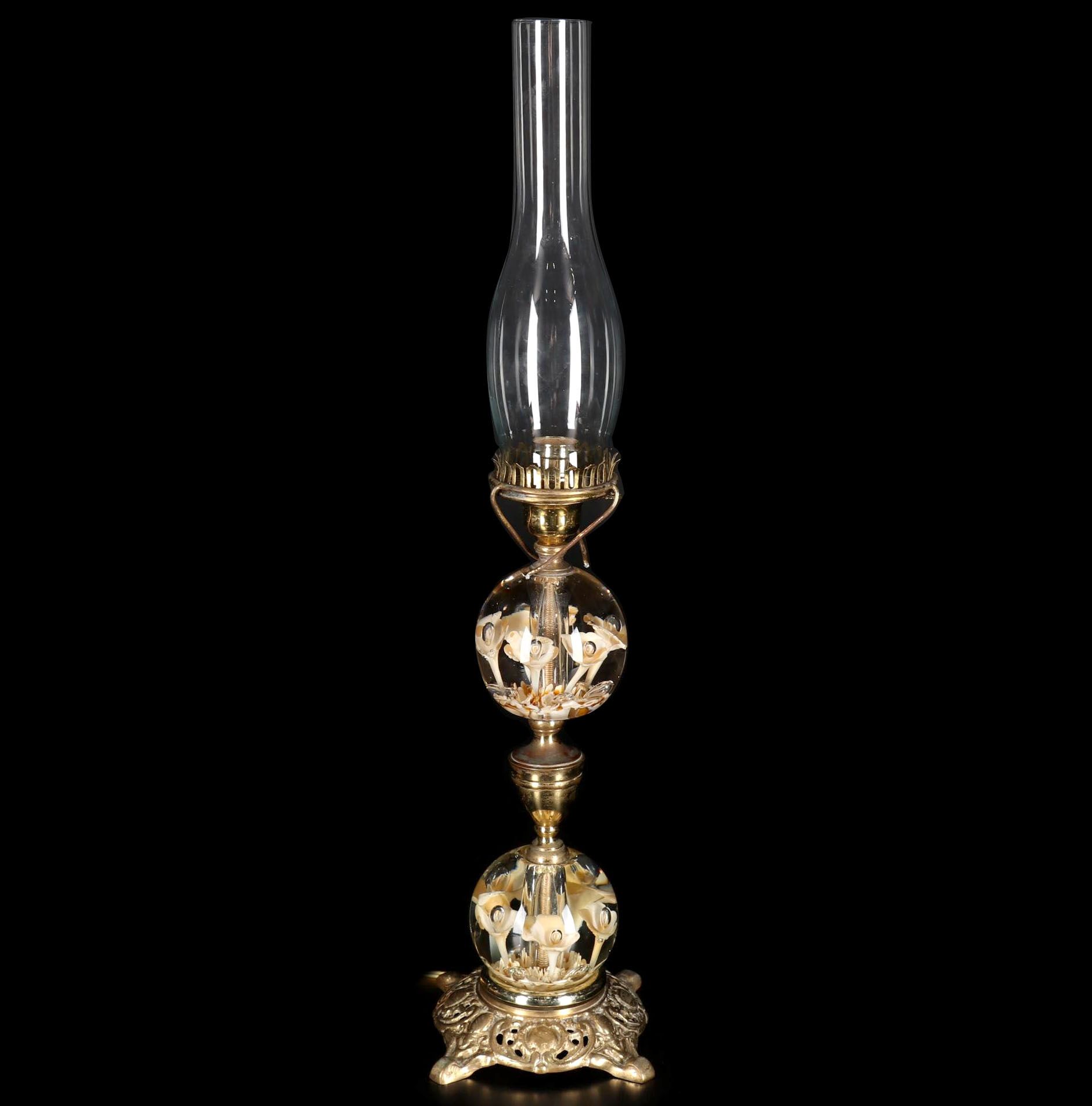 St. Clair Blown Glass Lily Paperweight and Brass Hurricane Lamp, 1975