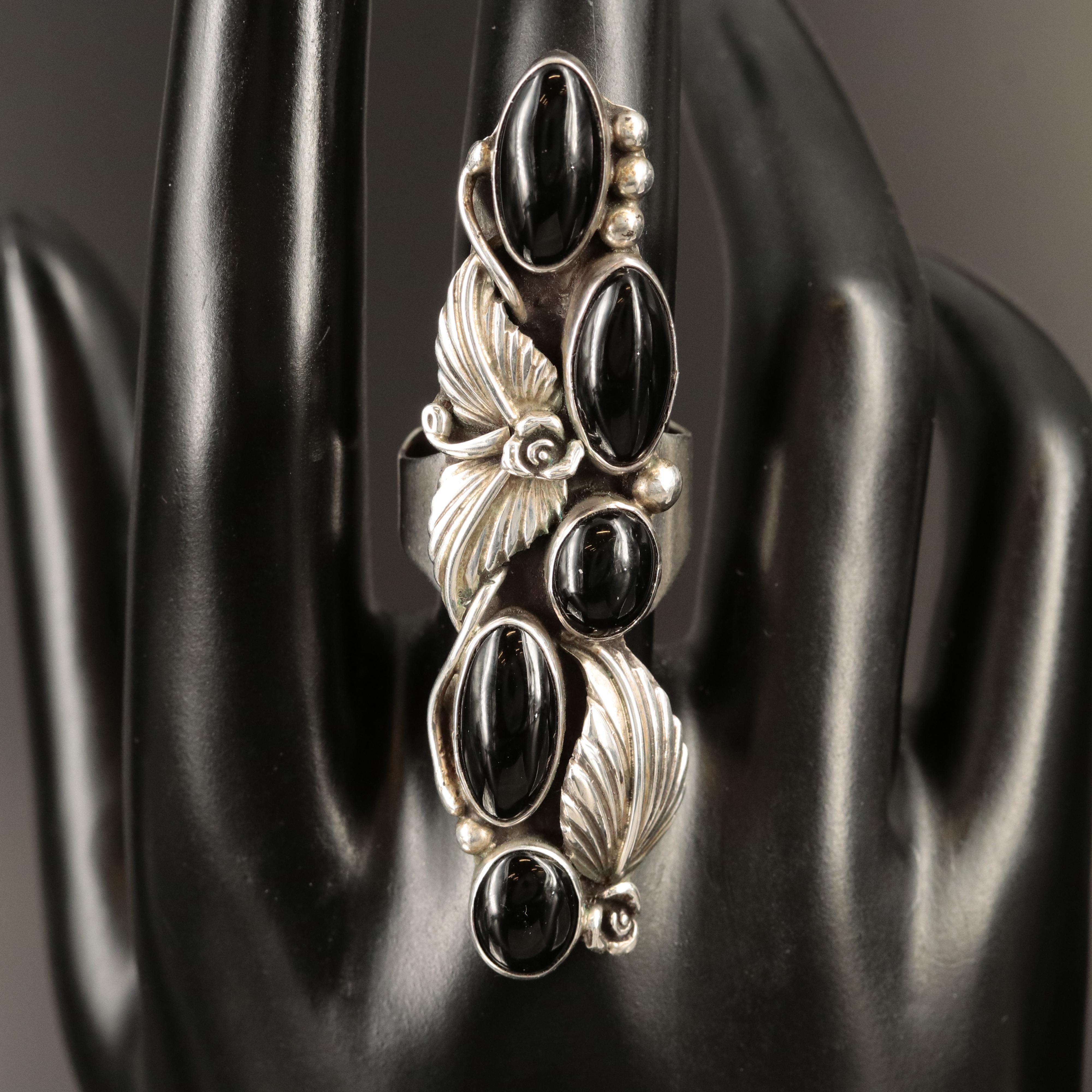 Southwestern Sterling Black Onyx Foliate Pointer Ring