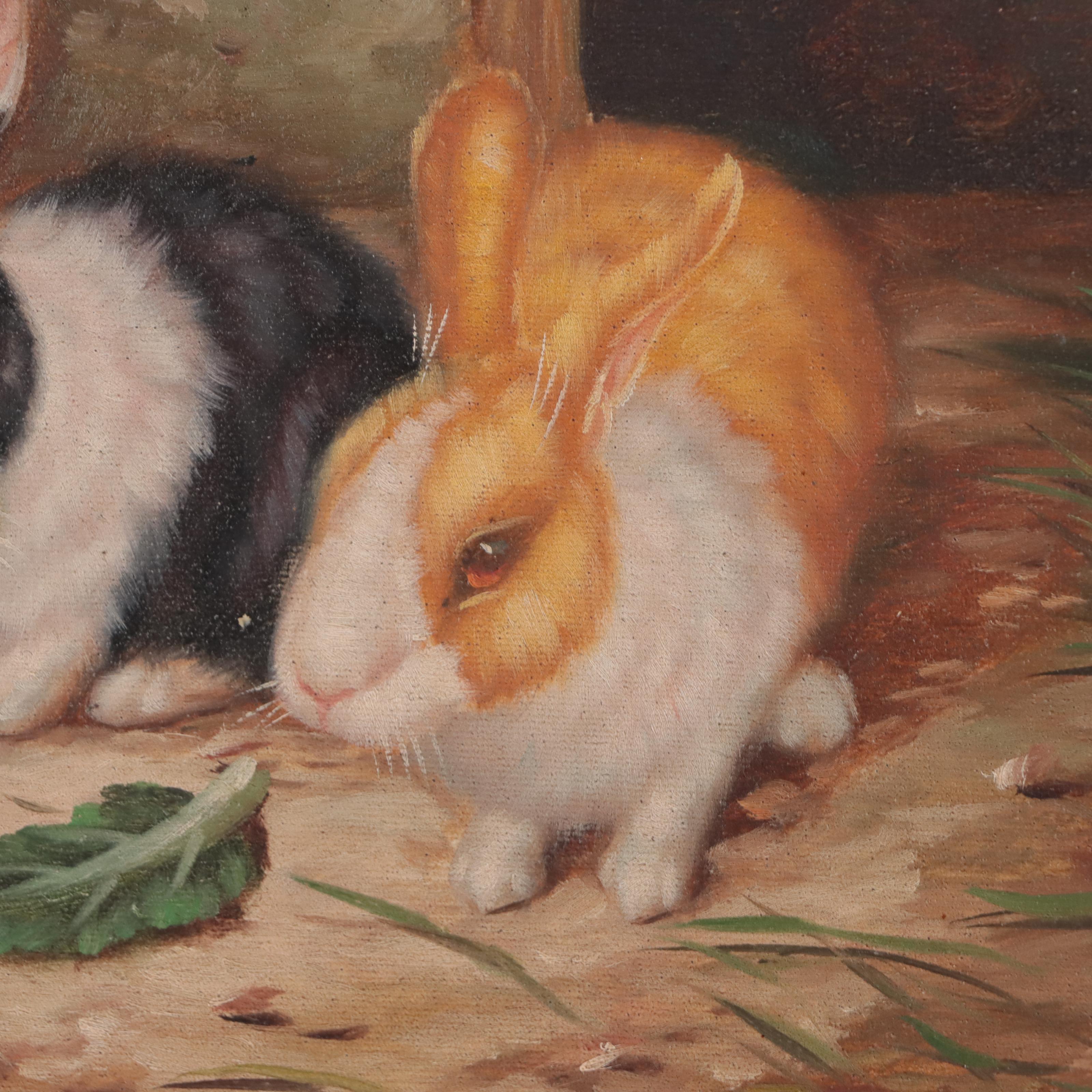 English Style Oil Painting of Bunnies