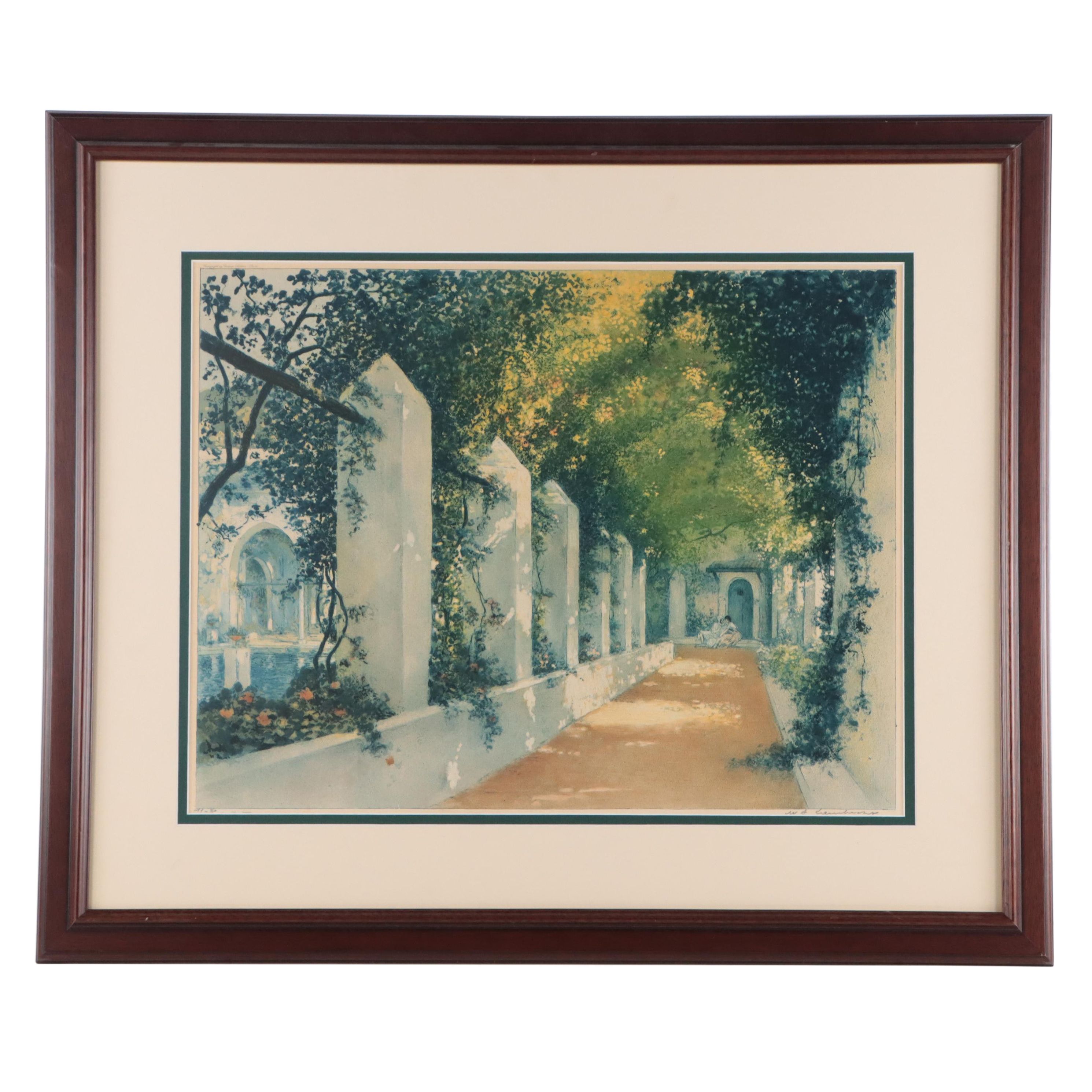 William Alphonse Lambrecht Color Etching of Verdant Landscape