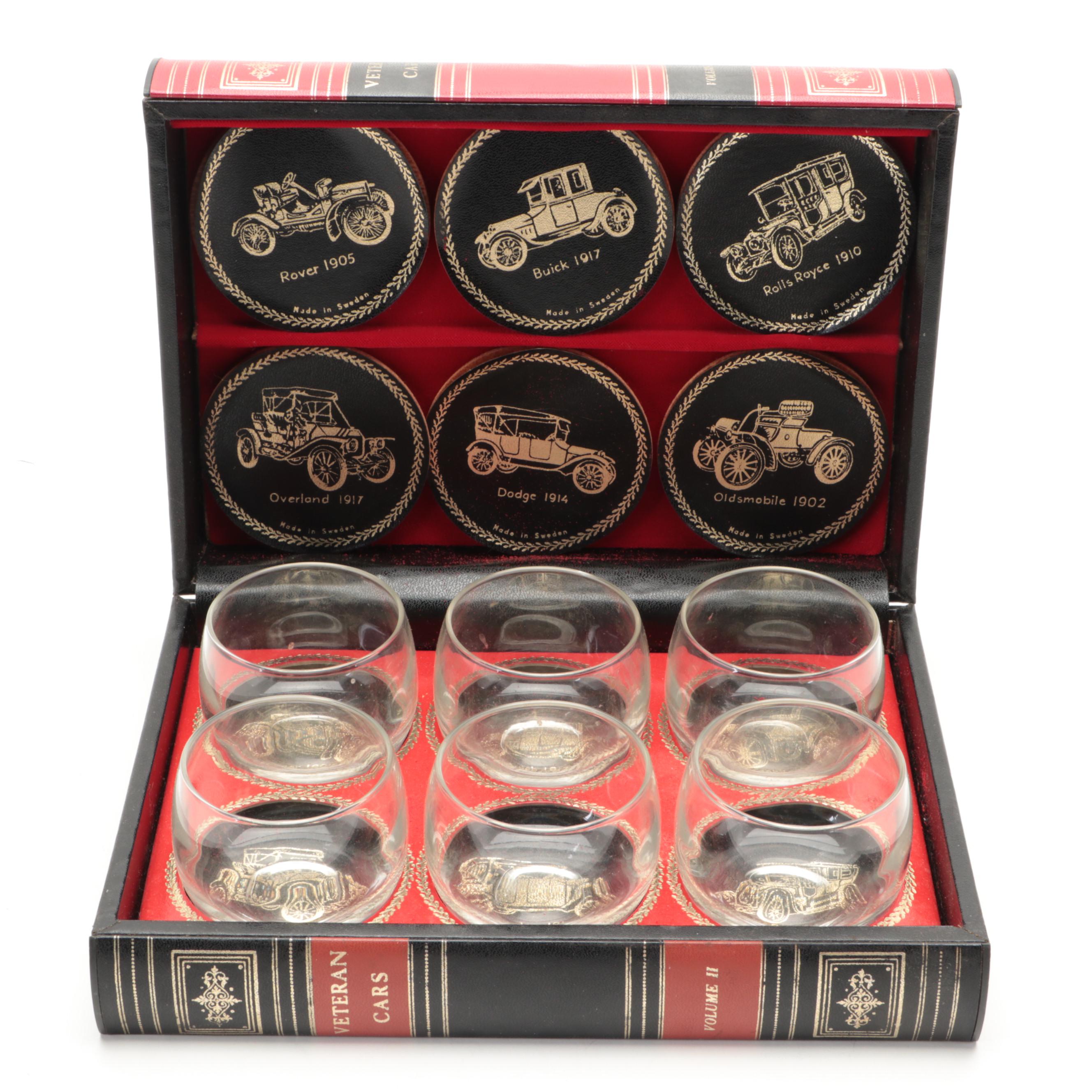 Swank Vintage Cars Liquor Glasses and Coaster Set with Indian Wooden Duck