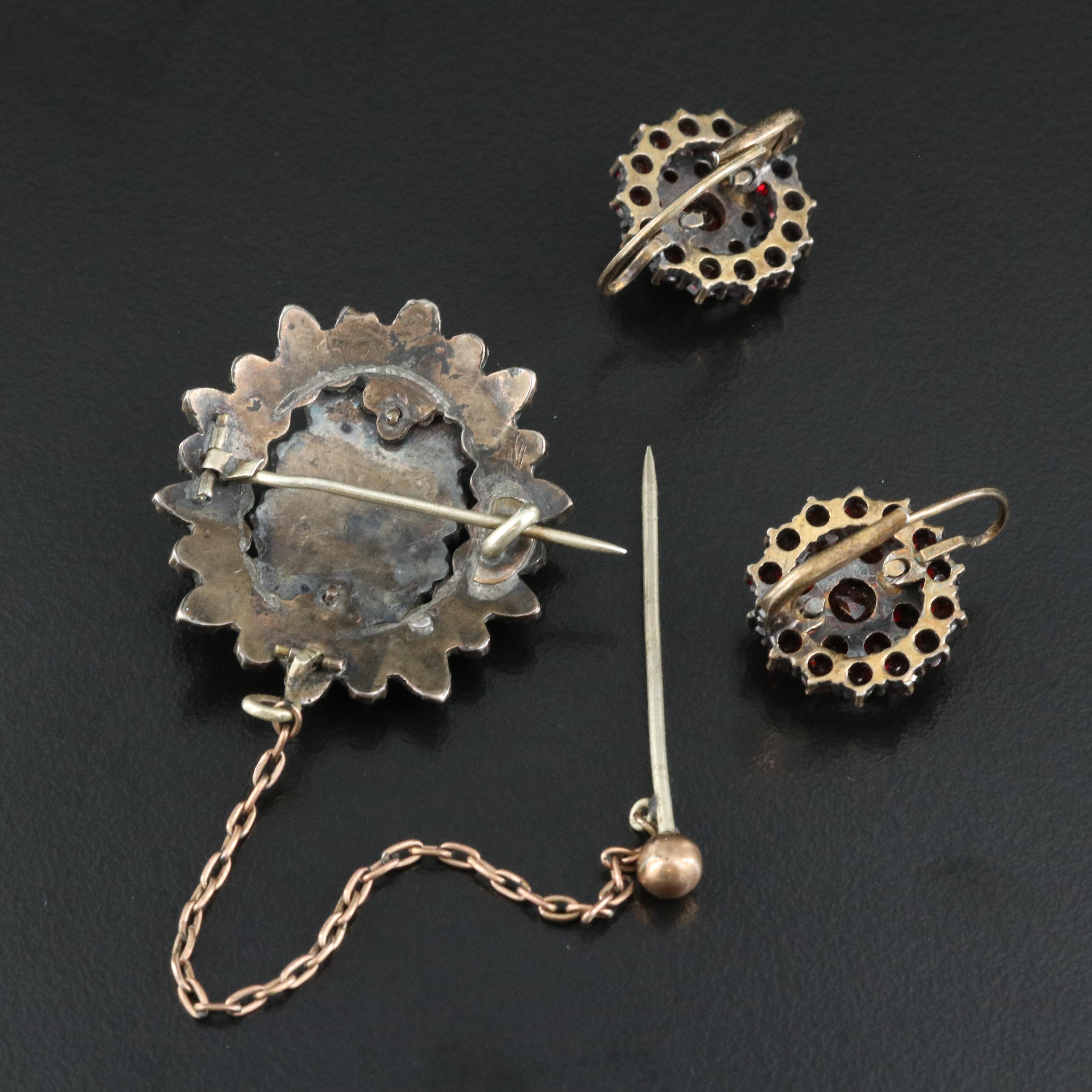 Vintage 800 Silver Earrings and Antique Brooch Including Garnet and Ruby