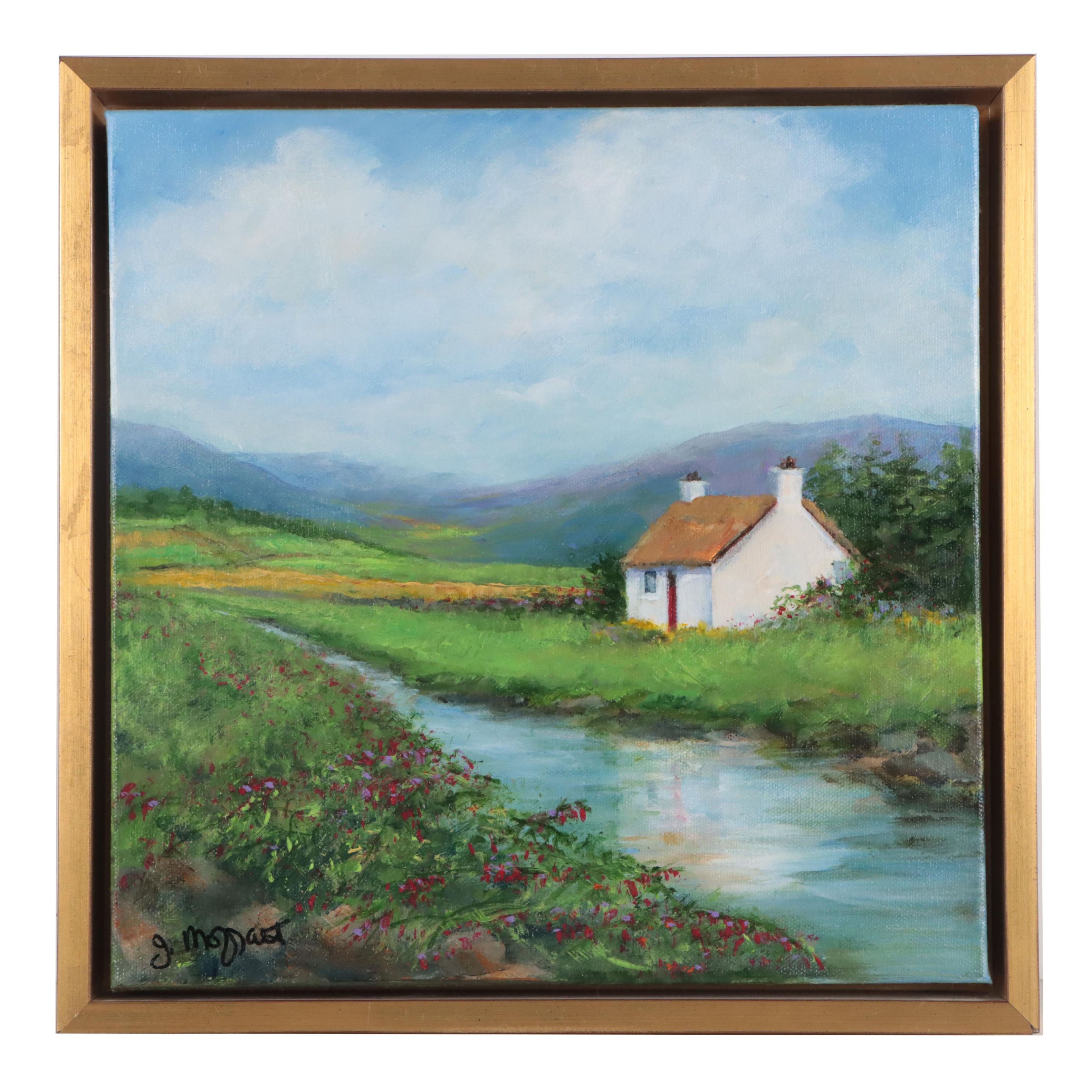 Jan Moffatt Oil Painting of Cottage Along Creek