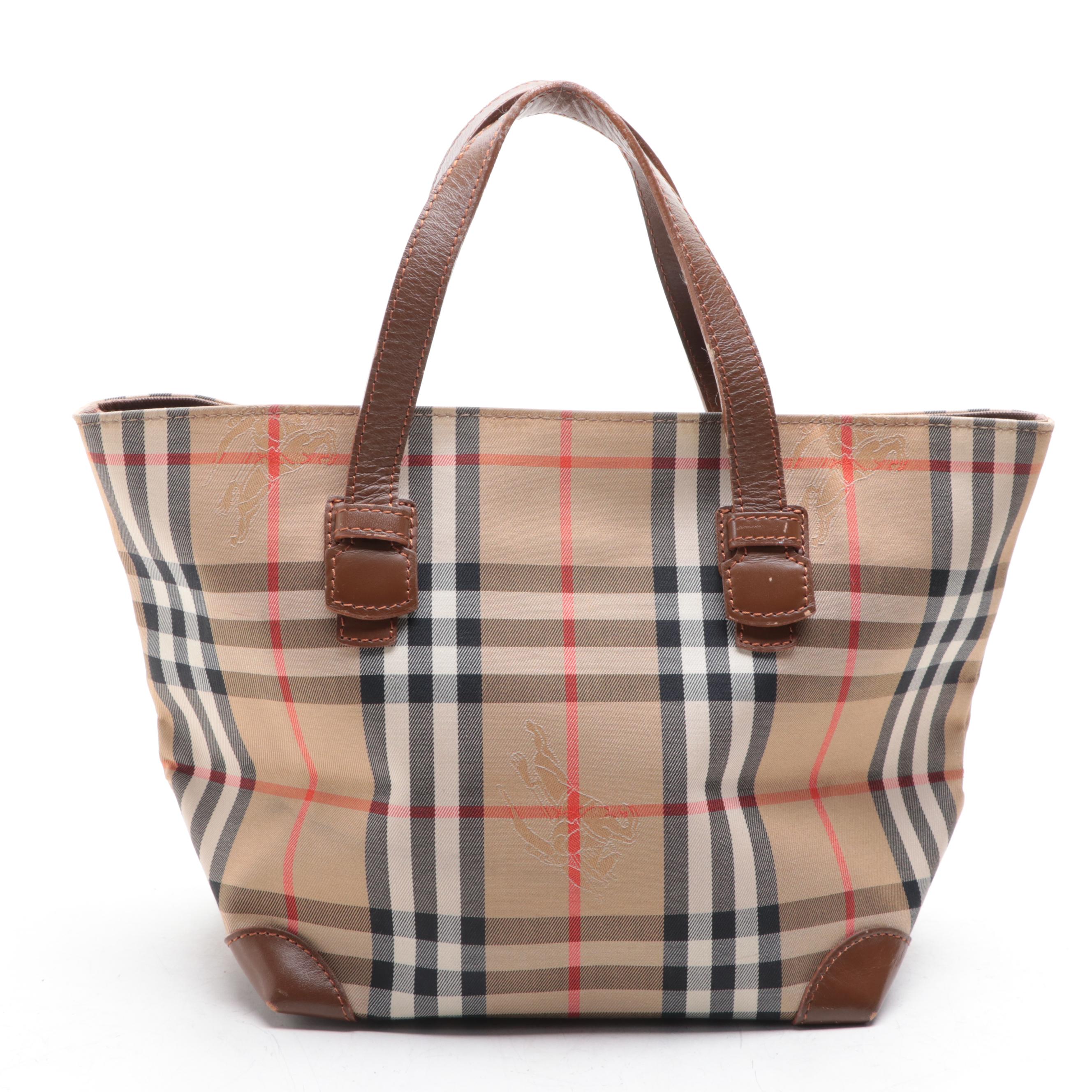 Burberrys Small Tote Bag in Haymarket Check and Leather