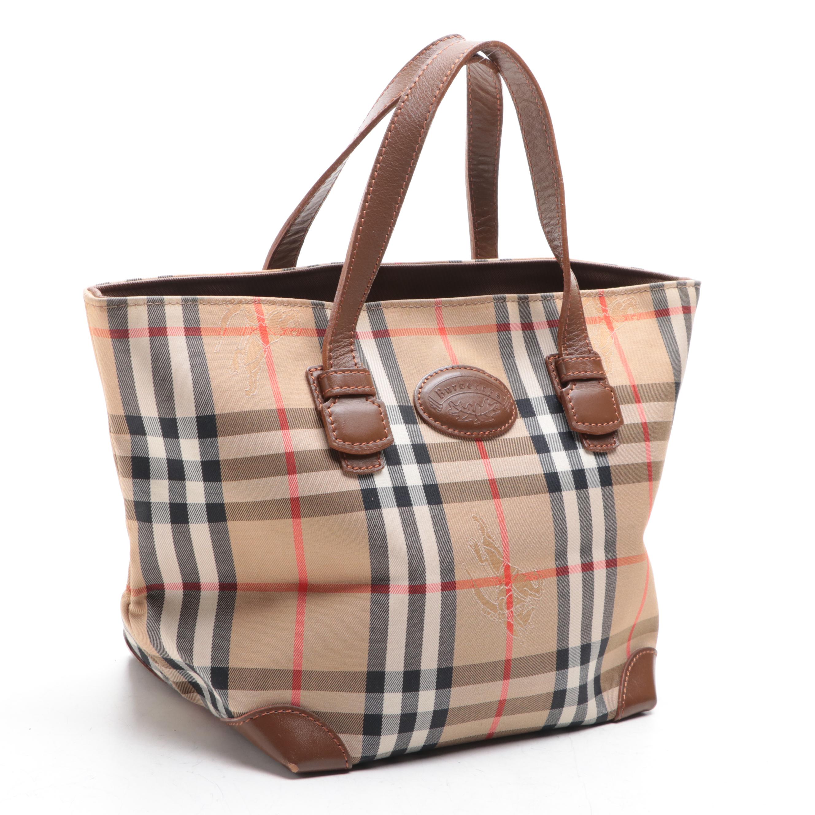 Burberrys Small Tote Bag in Haymarket Check and Leather