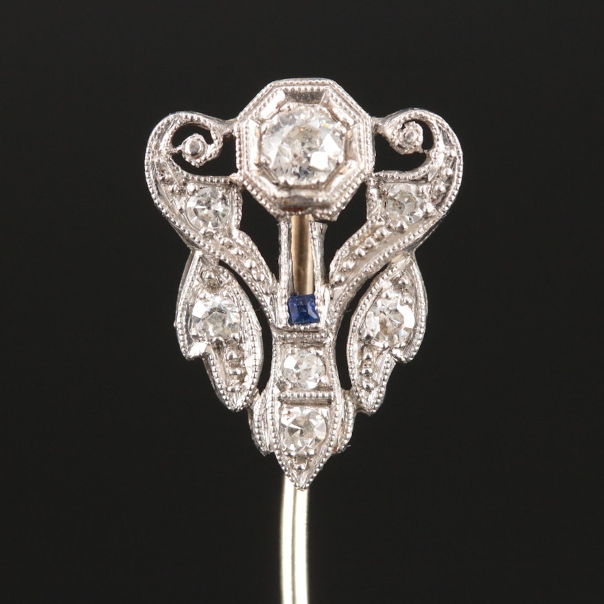 Edwardian 14K Diamond and Sapphire Stick Pin with Platinum Head