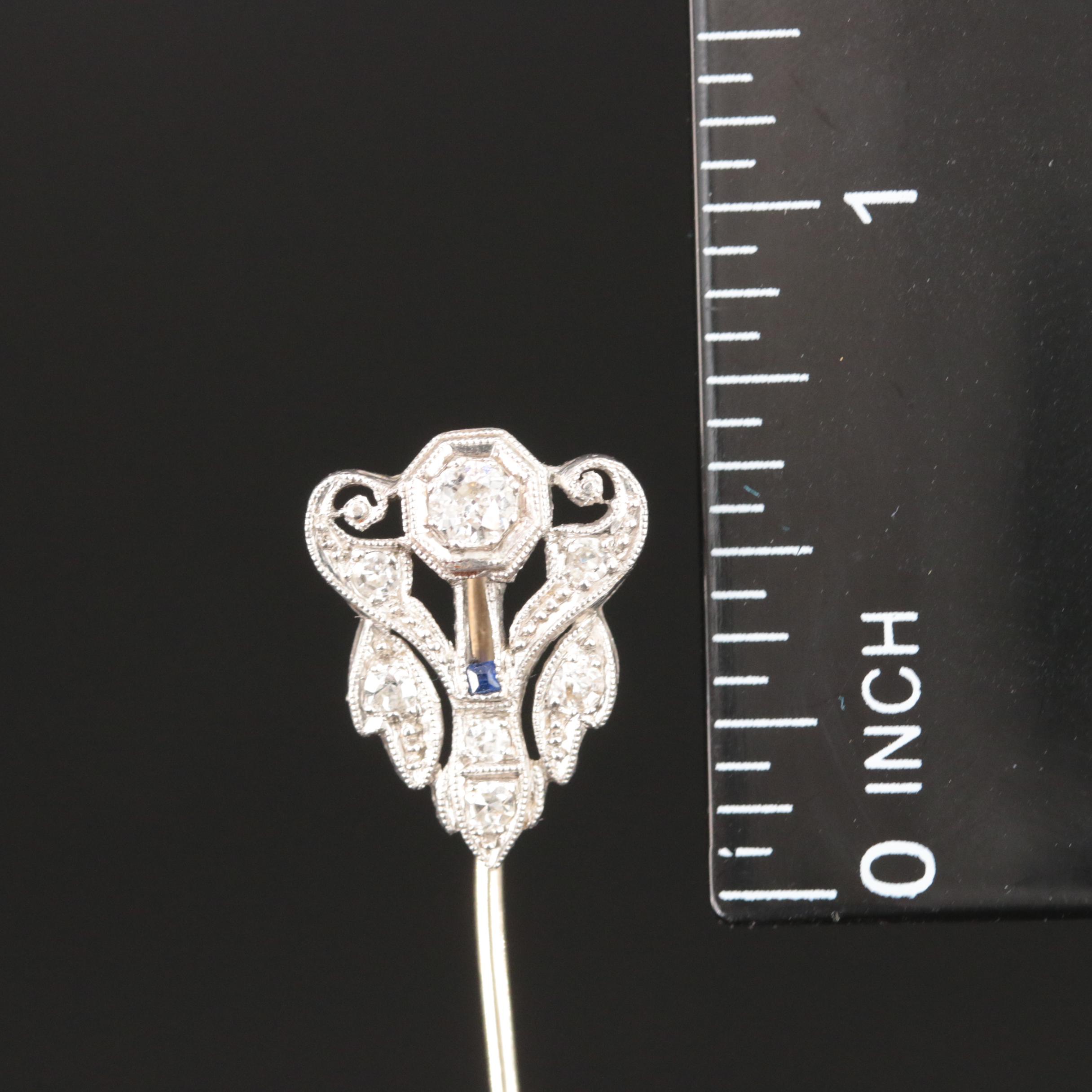 Edwardian 14K Diamond and Sapphire Stick Pin with Platinum Head