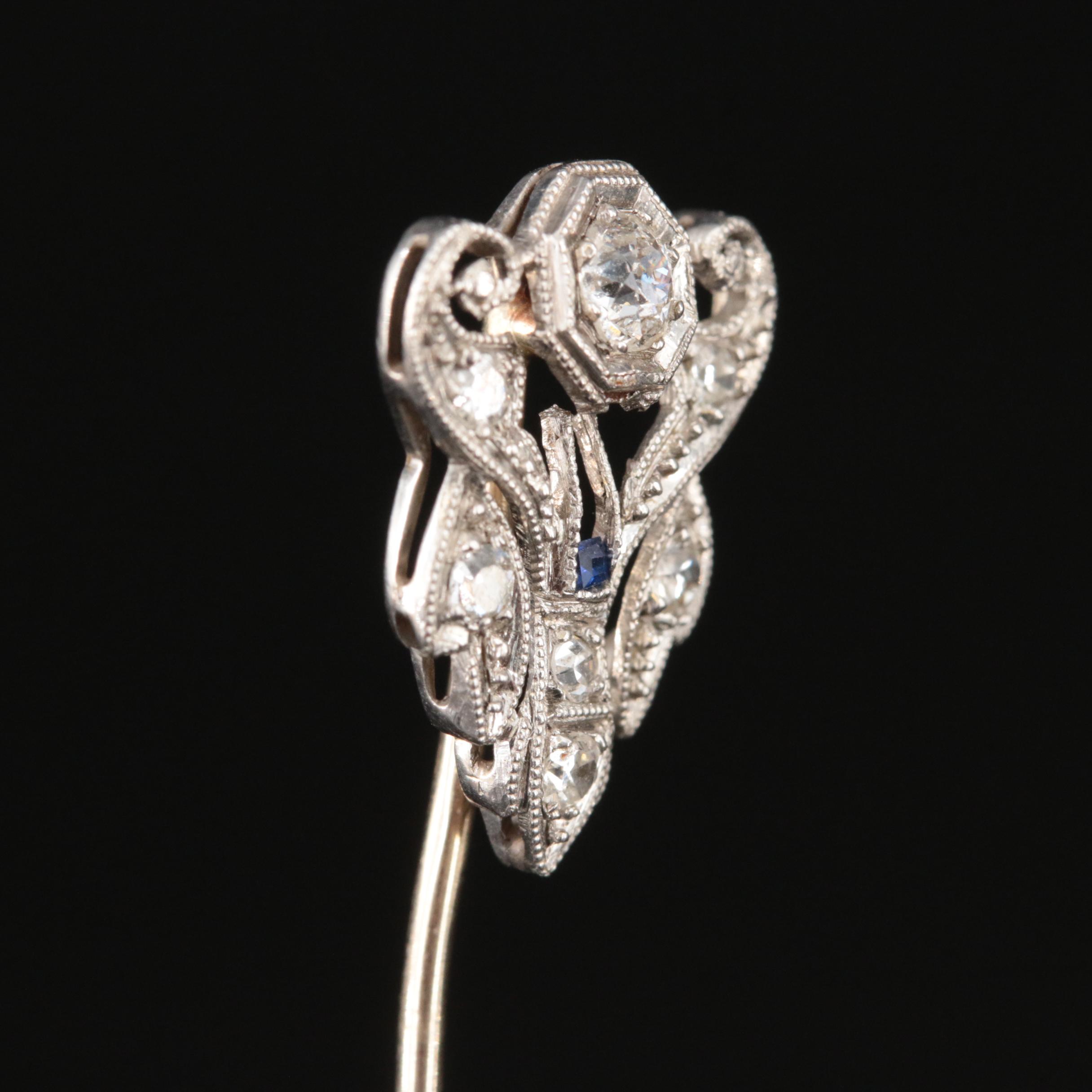 Edwardian 14K Diamond and Sapphire Stick Pin with Platinum Head
