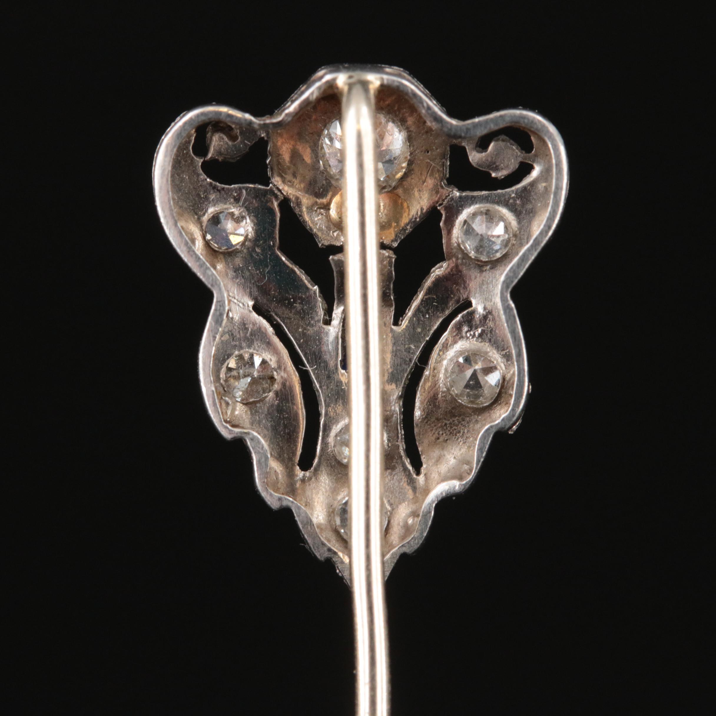 Edwardian 14K Diamond and Sapphire Stick Pin with Platinum Head