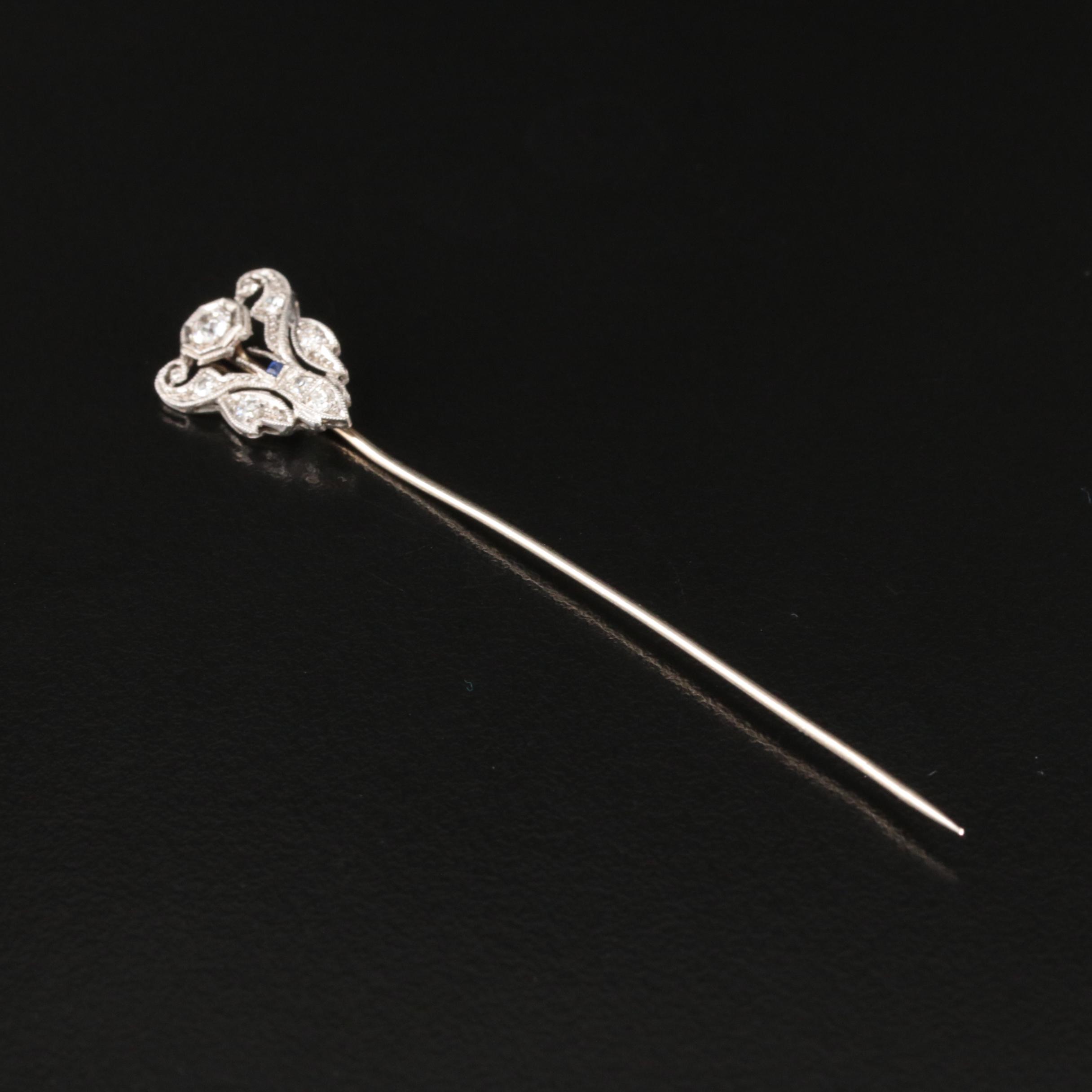 Edwardian 14K Diamond and Sapphire Stick Pin with Platinum Head