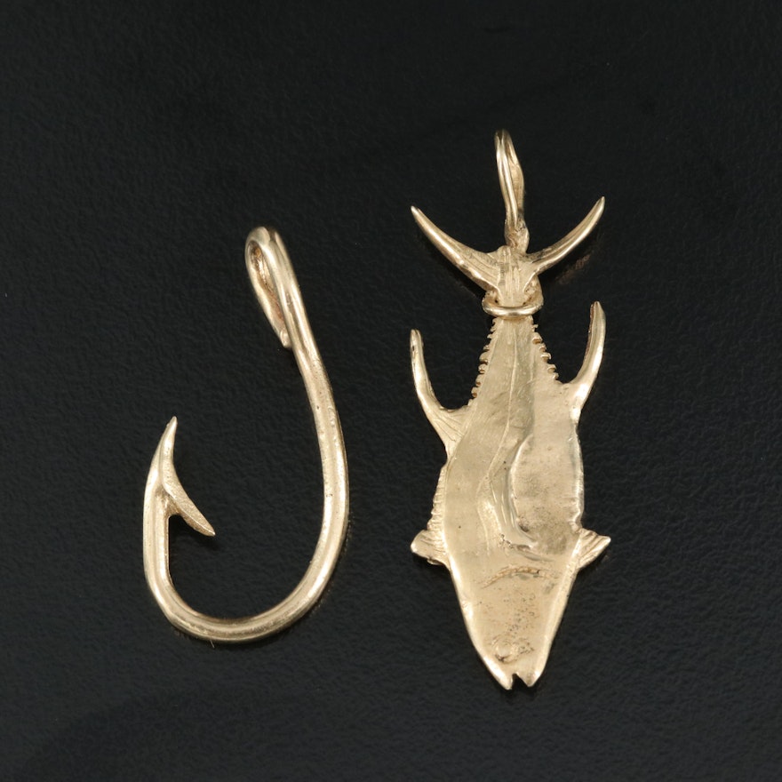 14K Fish and Fish Hook Pendants