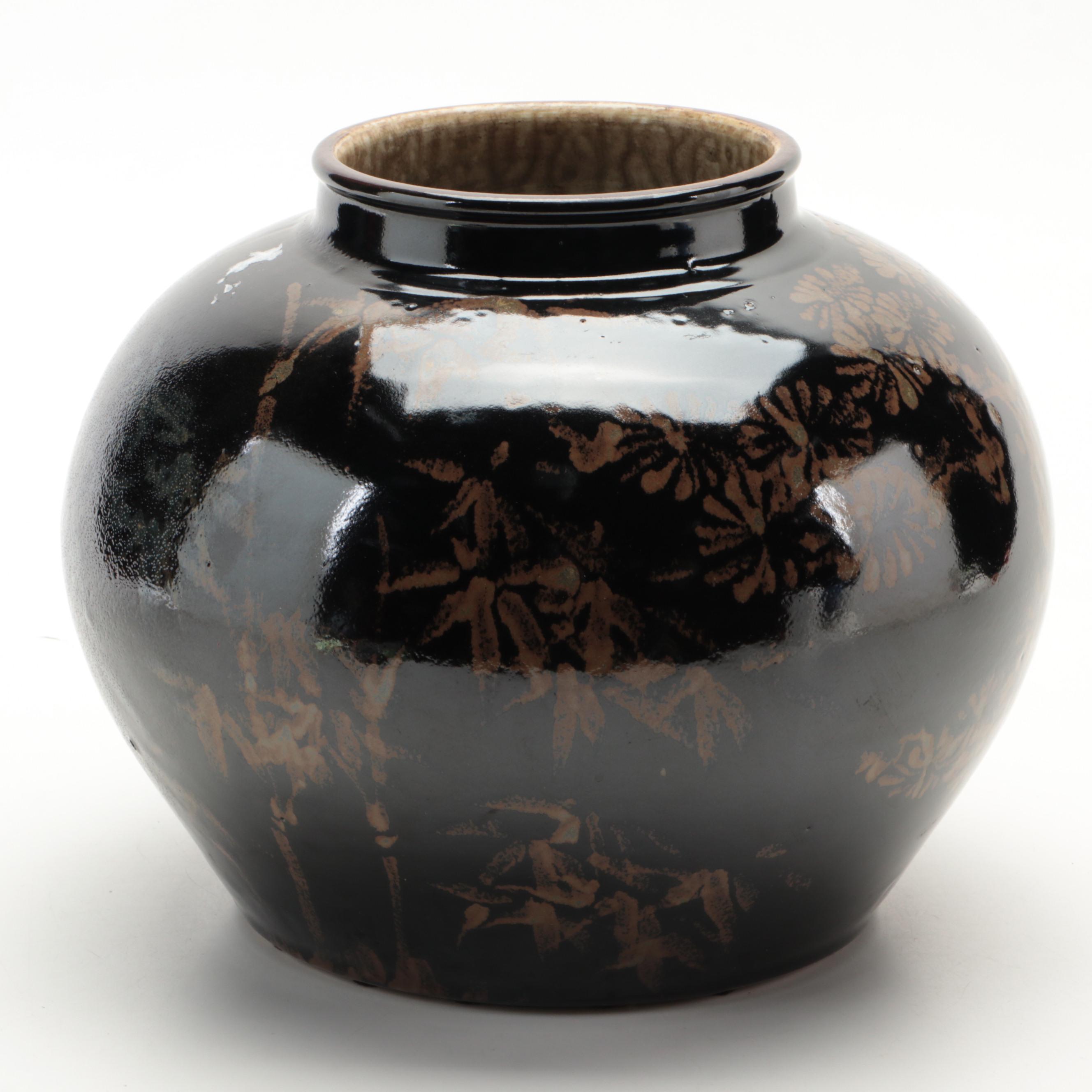 Japanese Stoneware Bamboo Motif Ceramic Jar