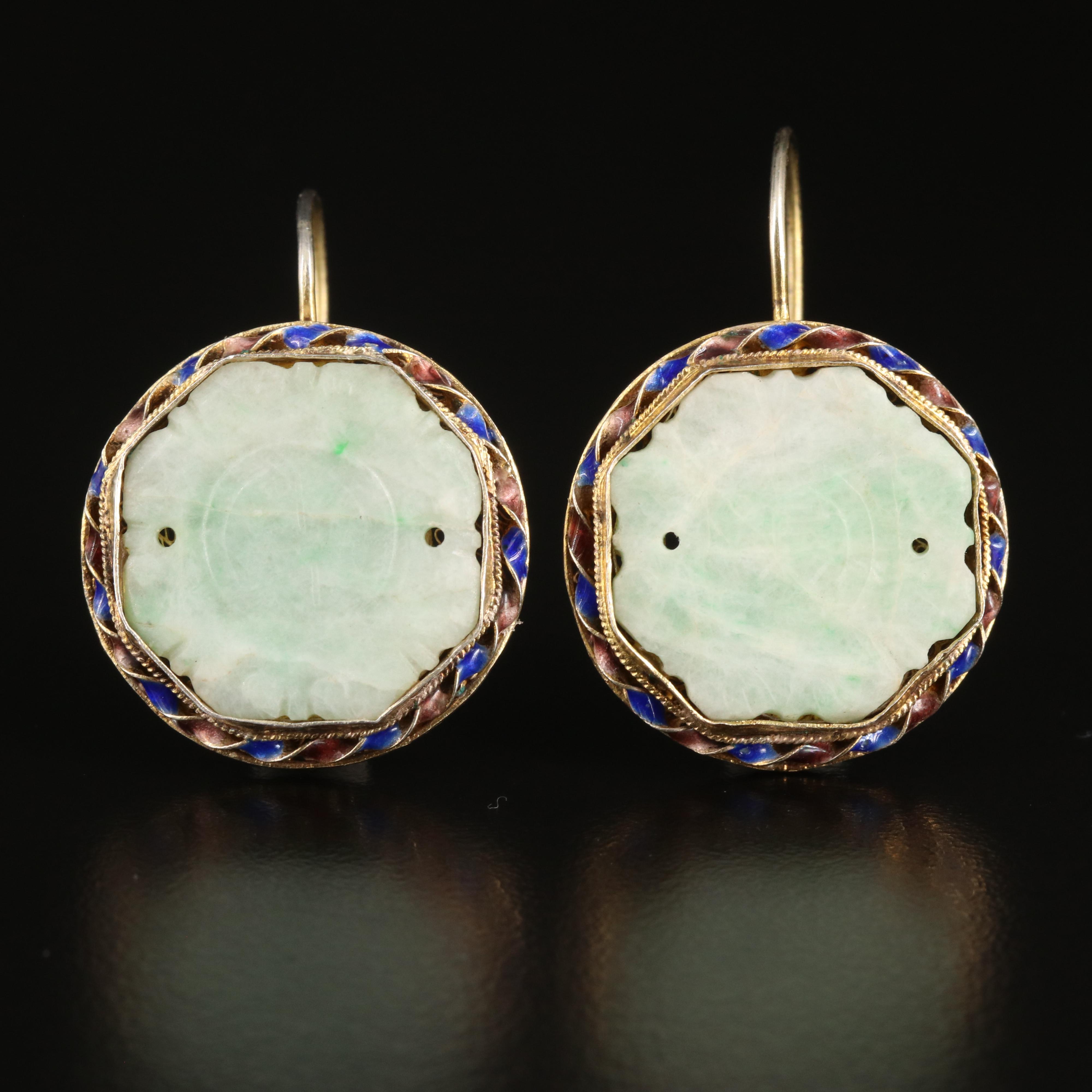 Chinese Export Sterling Jadeite and Enamel Earrings