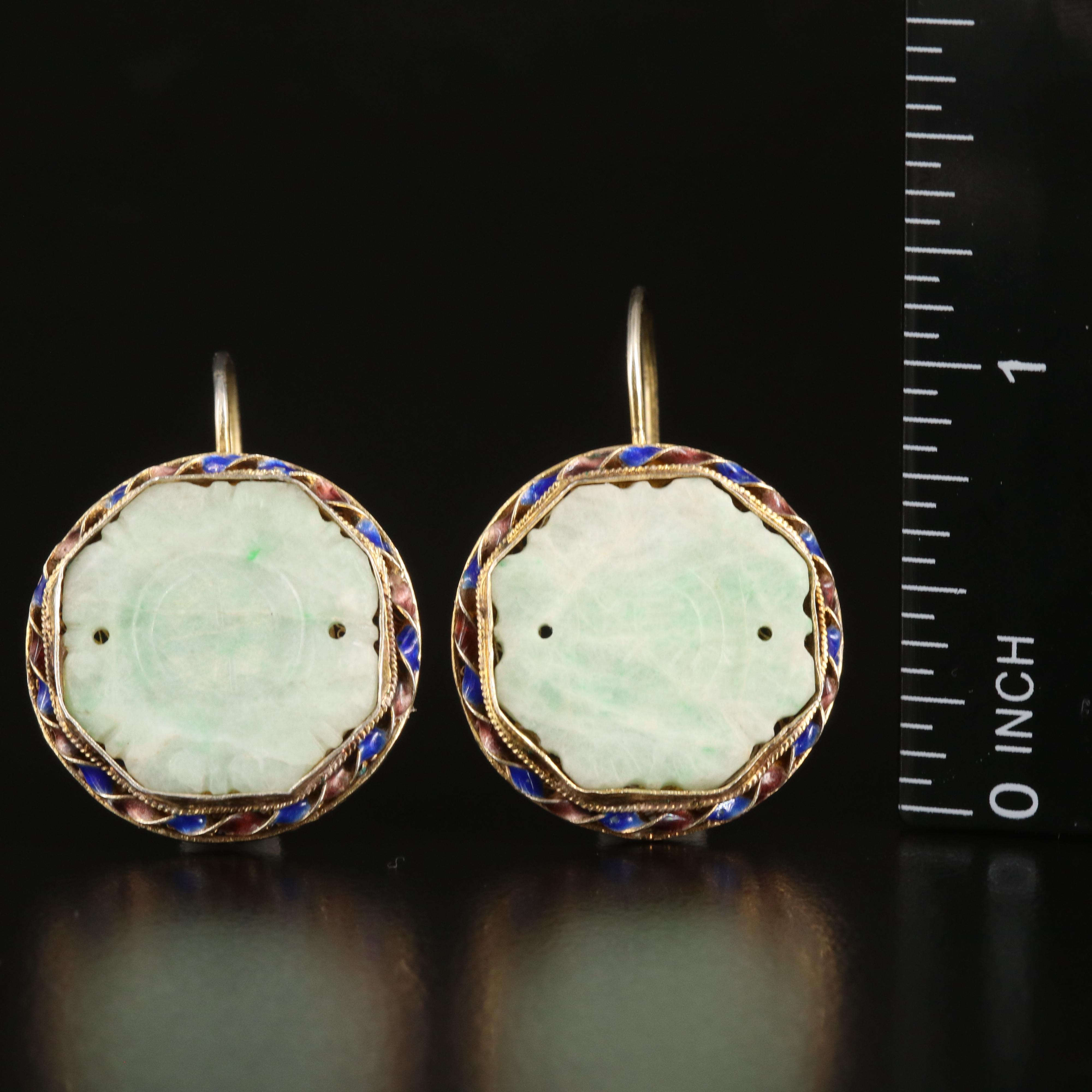 Chinese Export Sterling Jadeite and Enamel Earrings