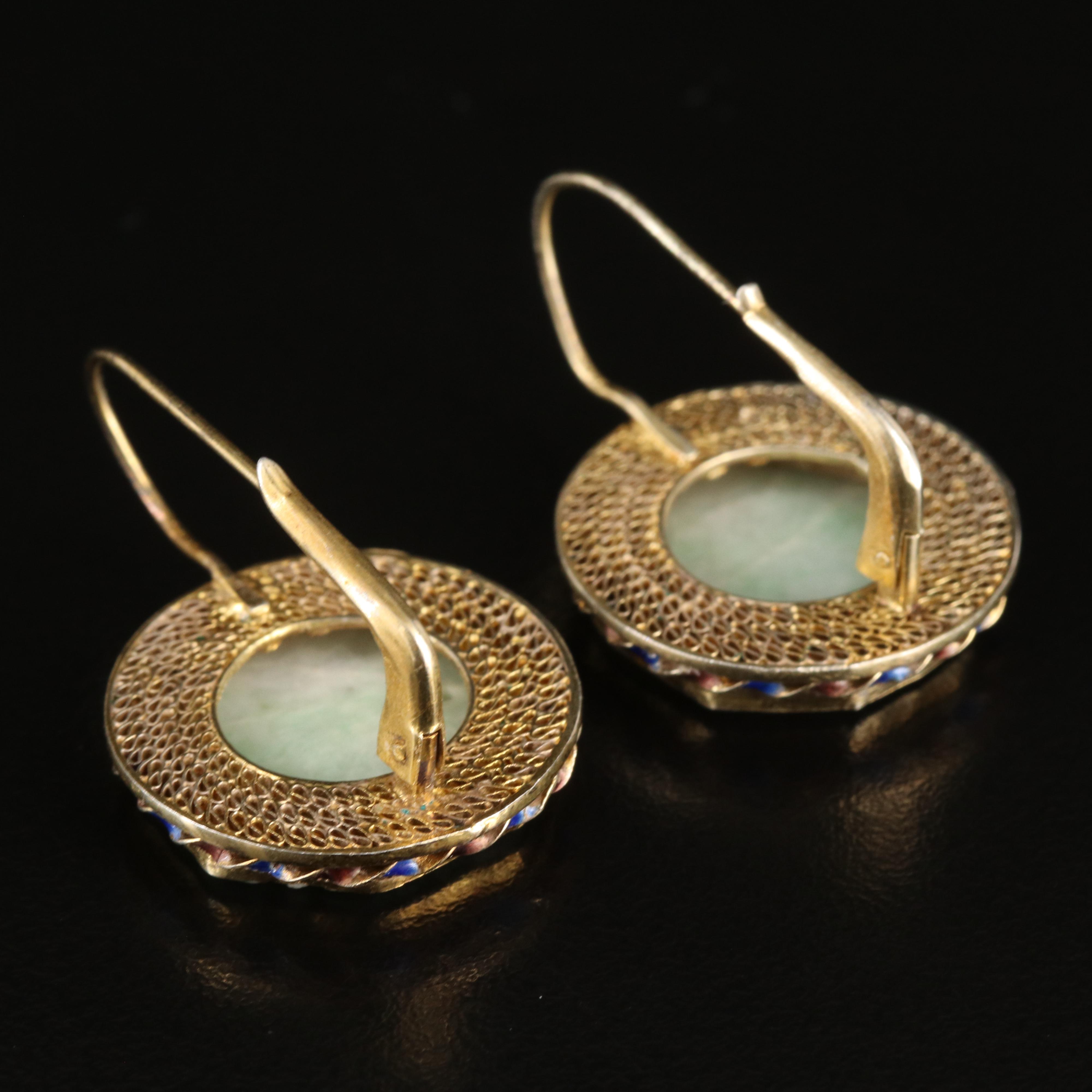 Chinese Export Sterling Jadeite and Enamel Earrings