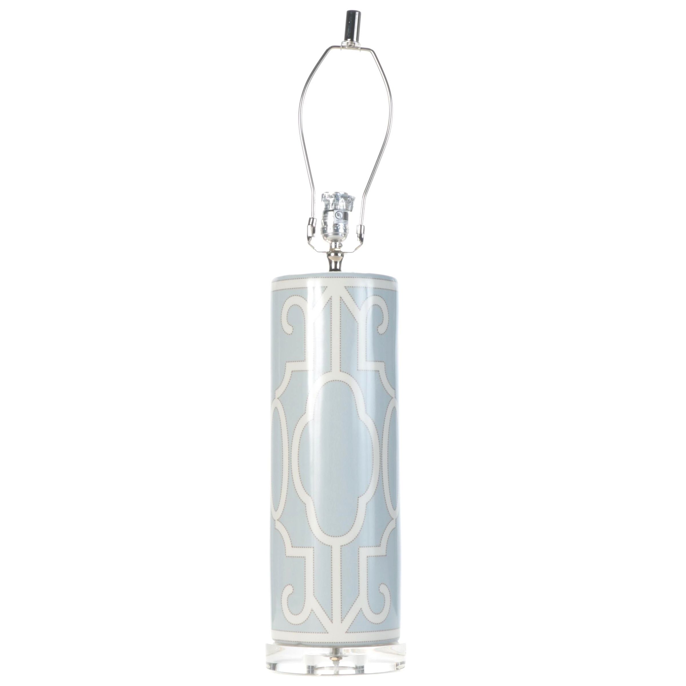 Scalamandre Ming Fretwork Blue and White Ceramic Cylinder Table Lamp