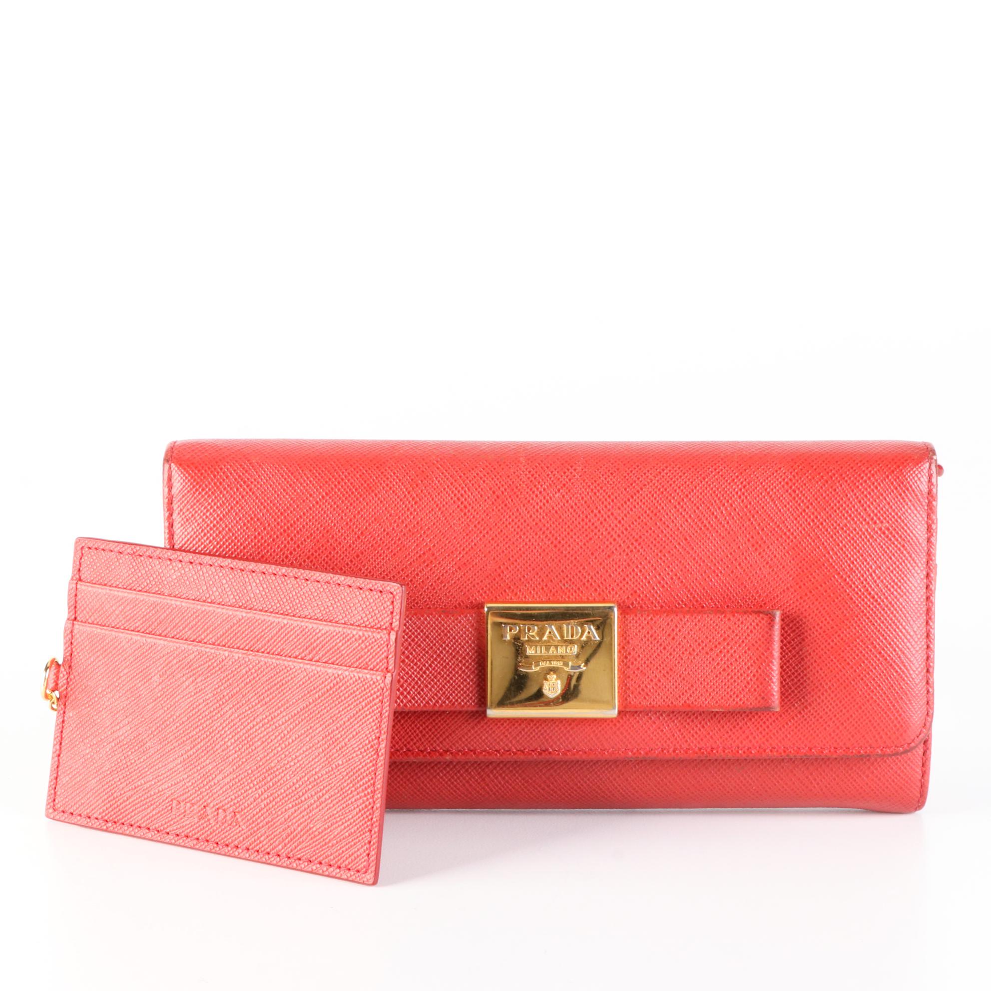 Prada  Continental Bow Wallet in Rosso Saffiano Leather with Box