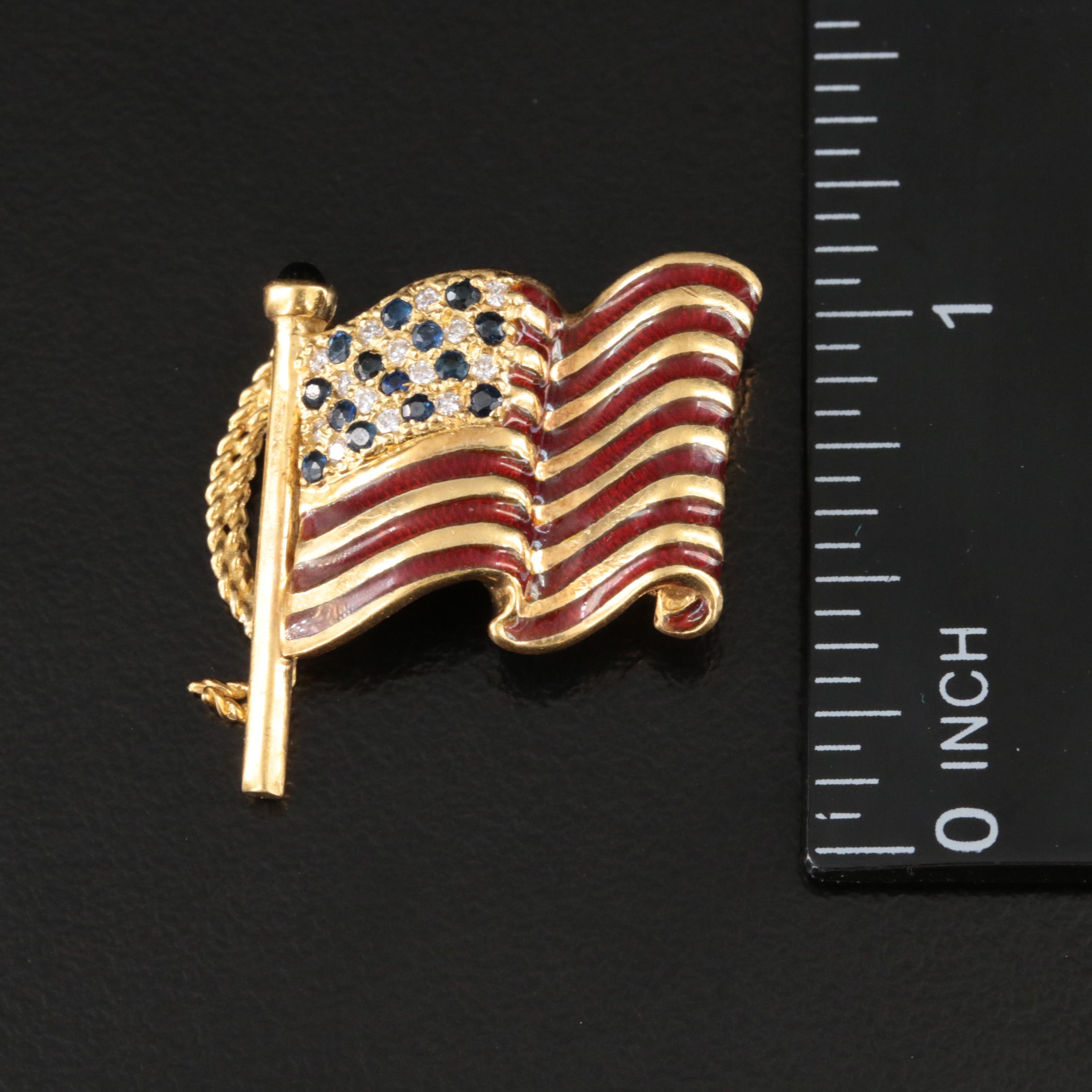 Franklin Mint 18K Diamond and Sapphire Guilloché Enamel American Flag Brooch