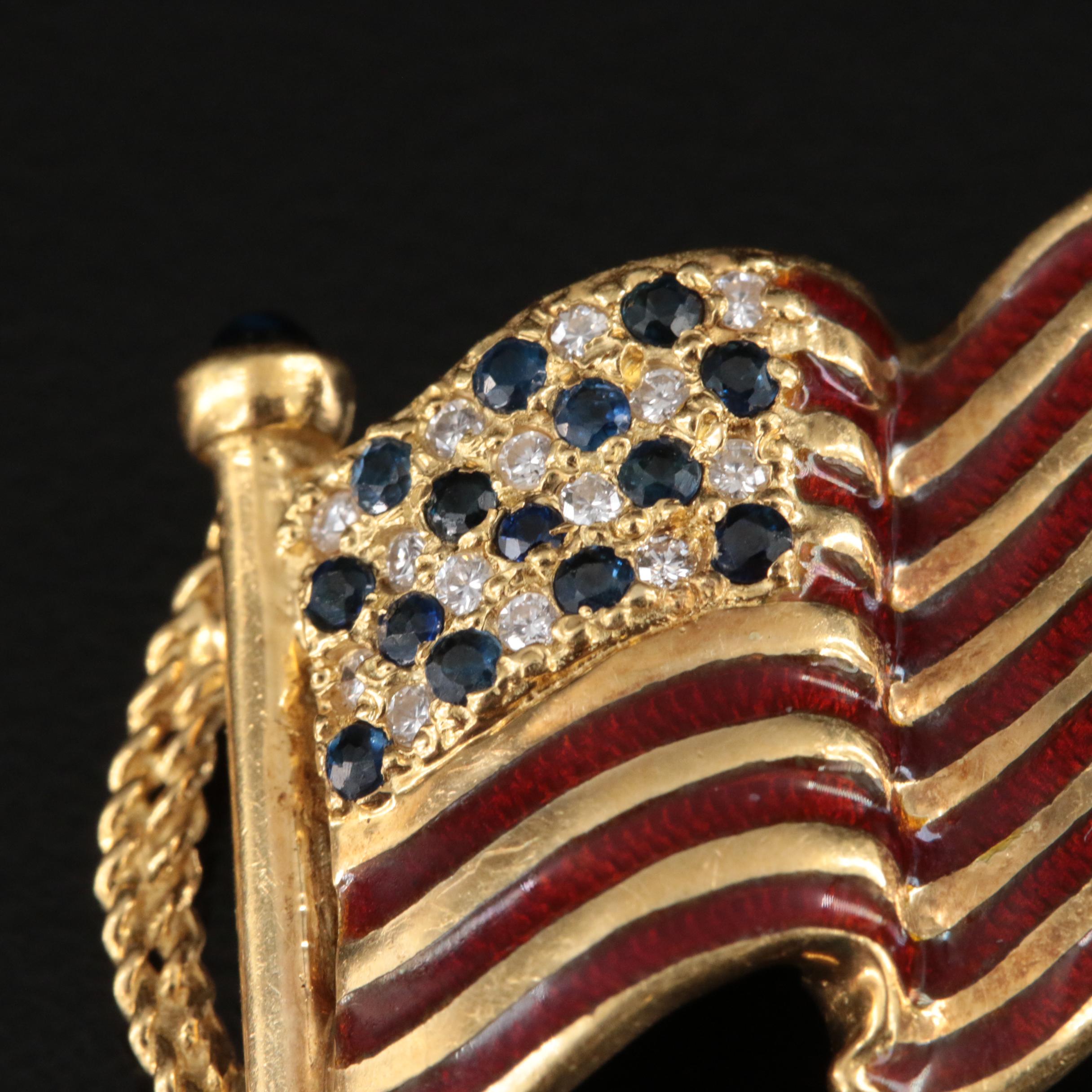 Franklin Mint 18K Diamond and Sapphire Guilloché Enamel American Flag Brooch