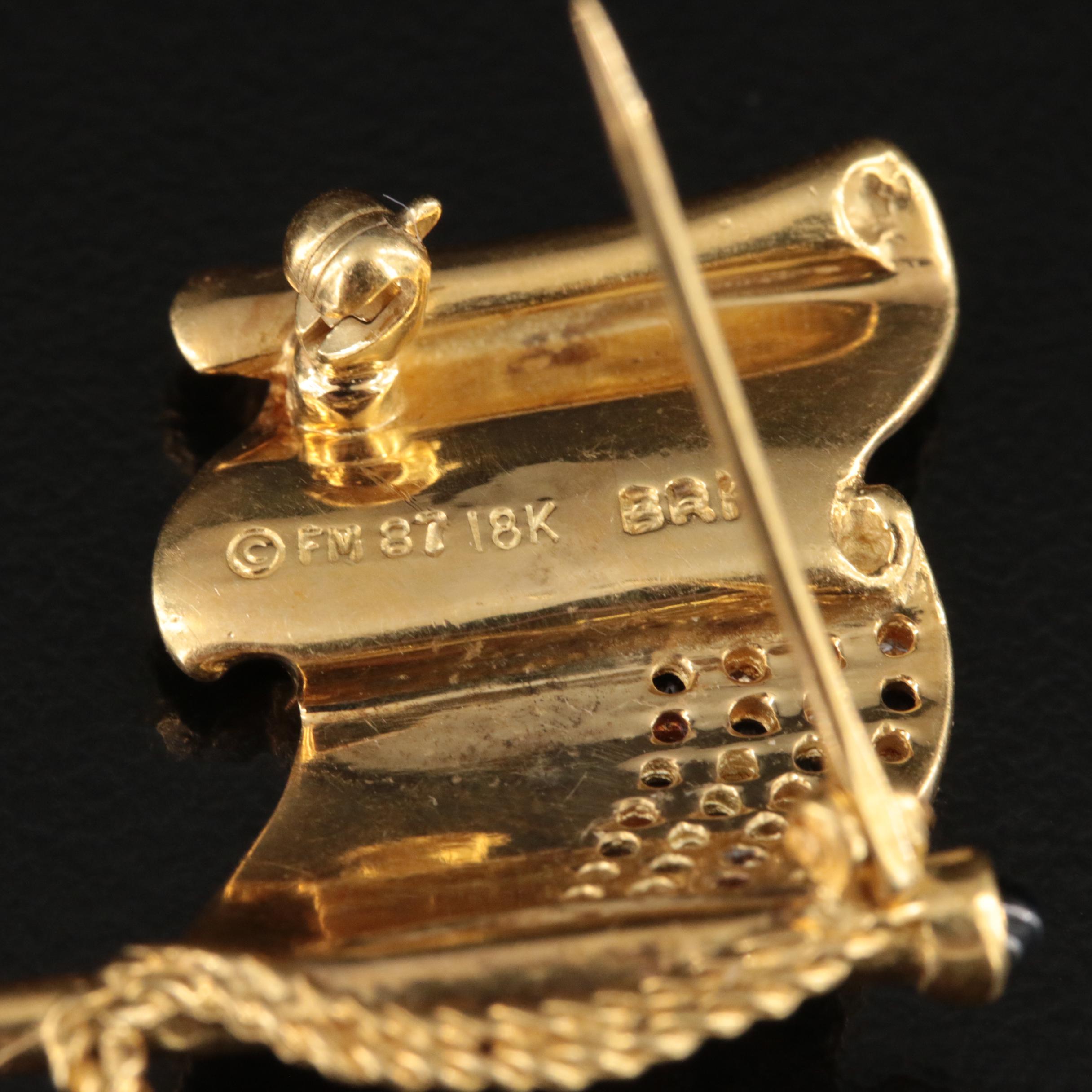 Franklin Mint 18K Diamond and Sapphire Guilloché Enamel American Flag Brooch