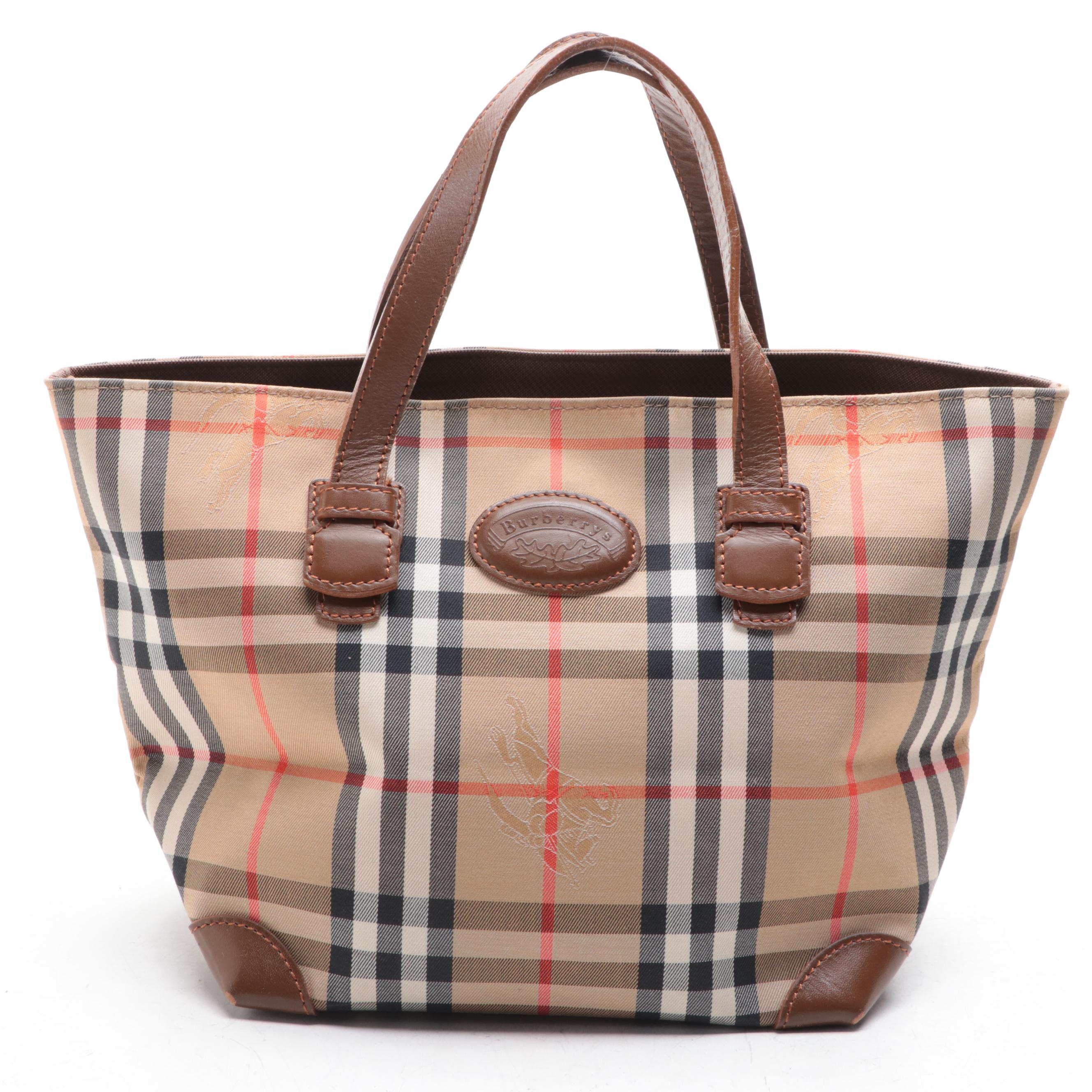 Burberrys Small Tote Bag in Haymarket Check and Leather