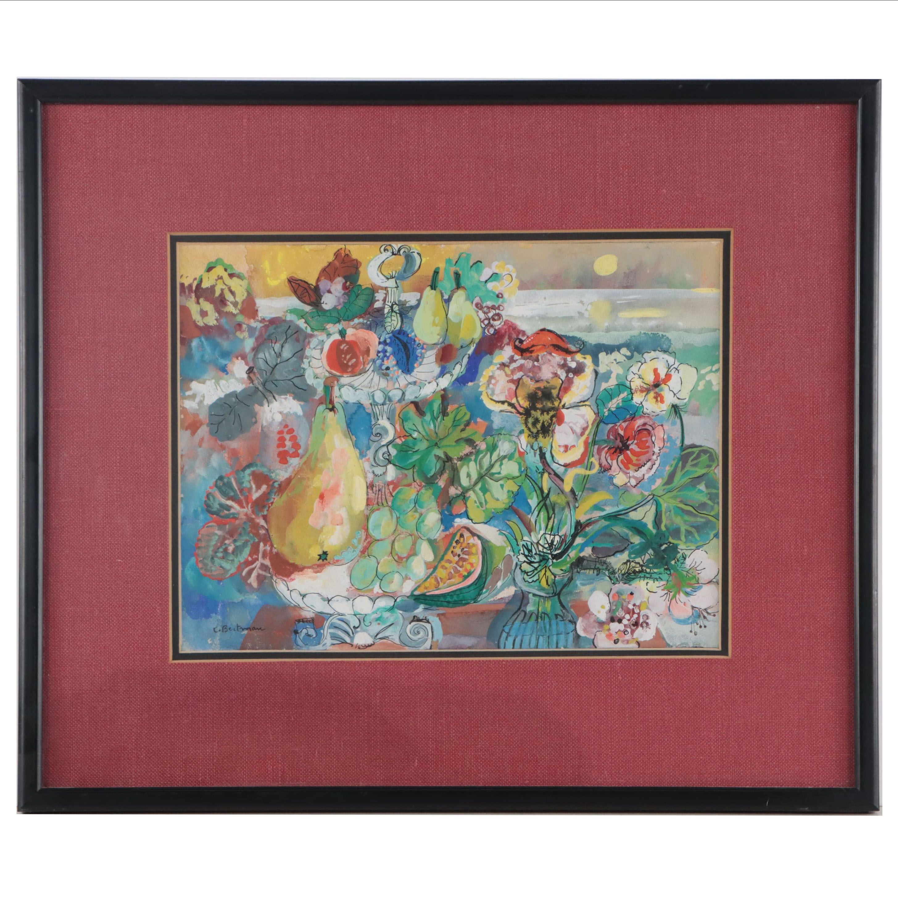C. Bertman Mixed Media Painting of Various Fruits and Plants