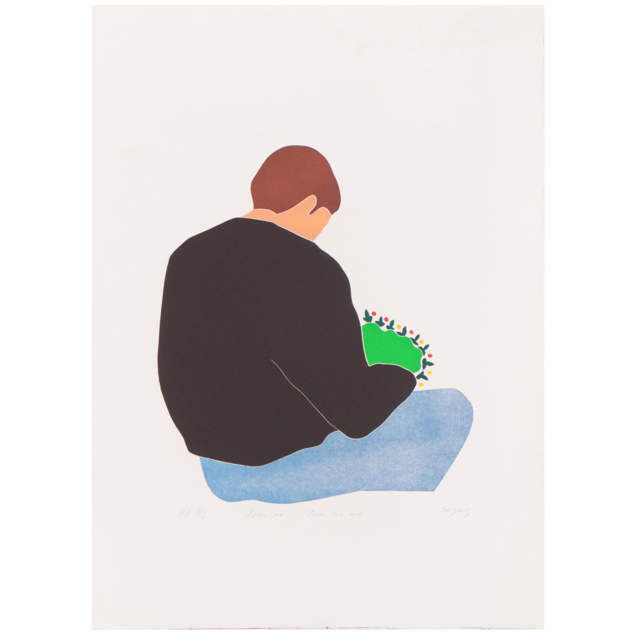 Thom De Jong Etching With Aquatint of Seated Figure "Loves Me...Loves Me Not..."