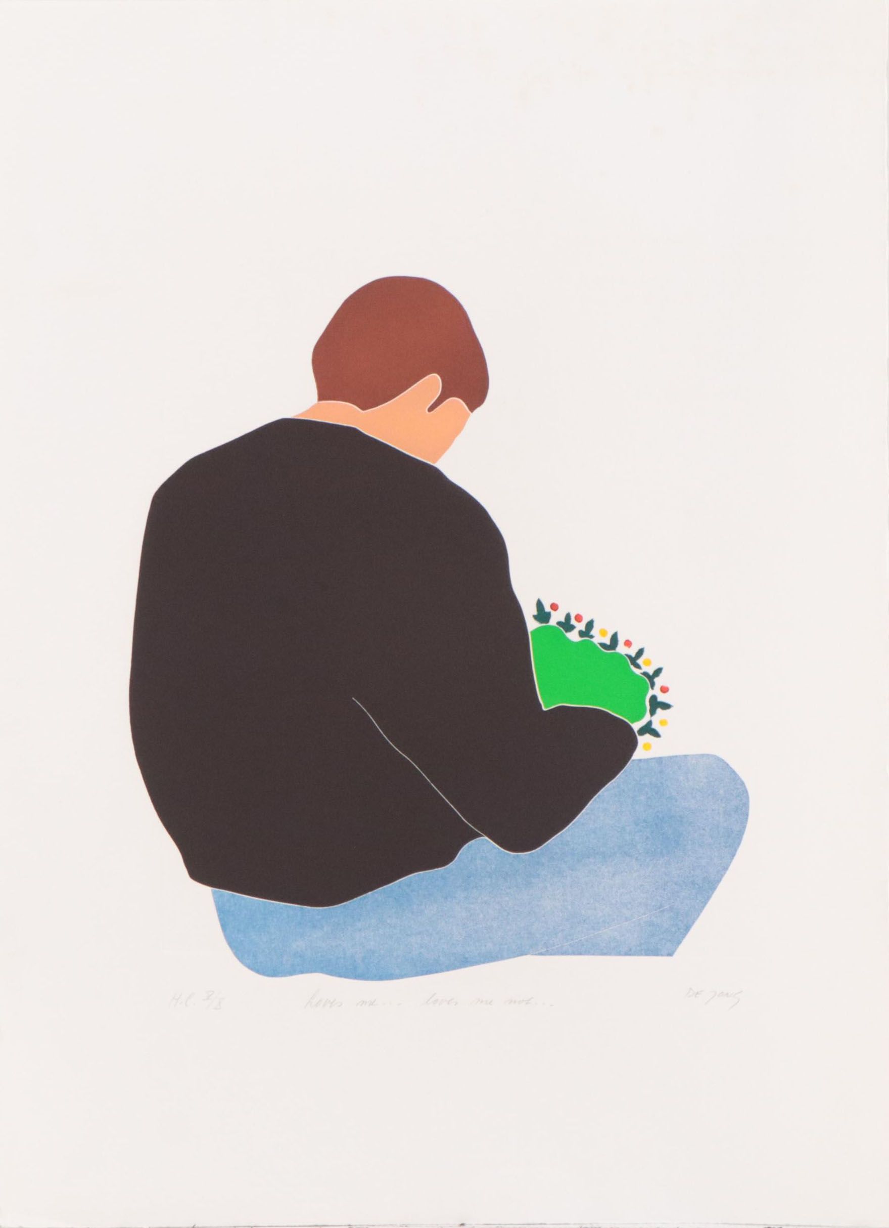 Thom De Jong Etching With Aquatint of Seated Figure "Loves Me...Loves Me Not..."